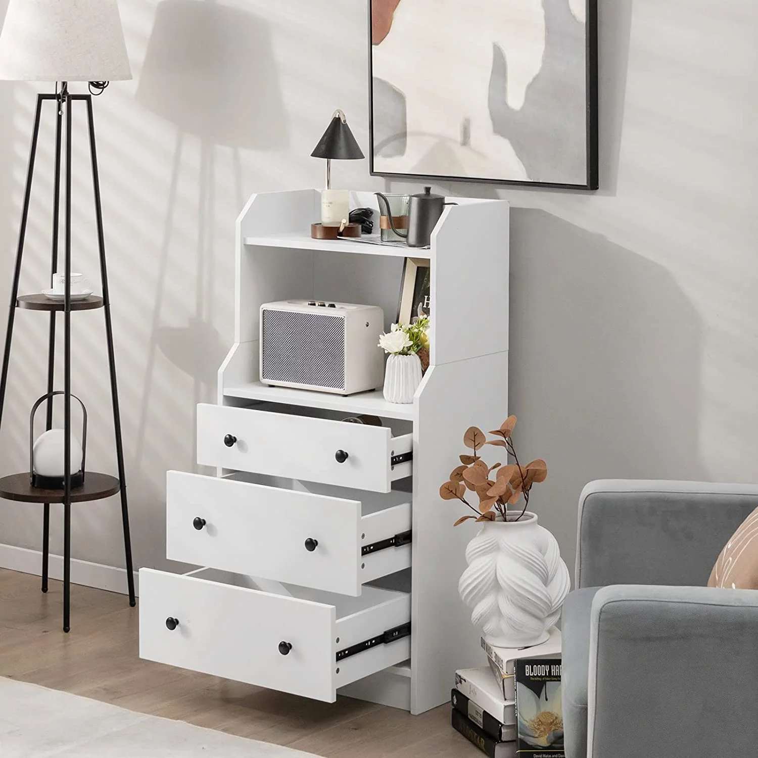3 Drawer Dresser for Bedroom, Tall Nightstand with 3 Drawers & 2 Open Shelves, White Modern Wood Dressers & Chests of Drawers for Bedroom or Living Room, 23 x 14 x 44 inches