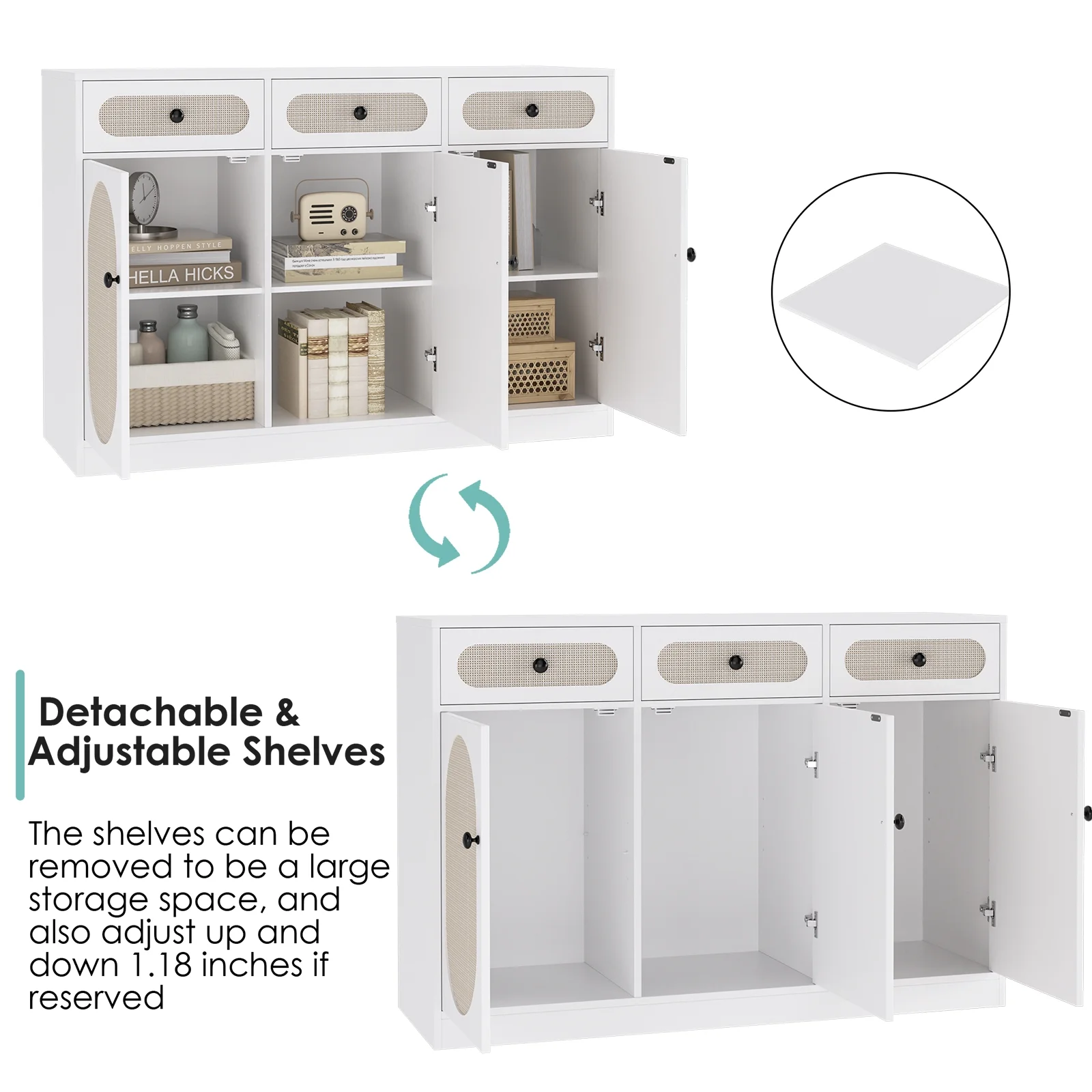 Homfa 47.2'' Buffet Sideboard with Adjustable Shelf, 3 Natural Rattan Door Wood Buffet Table Coffee Bar Storage Cabinet for Kitchen, White