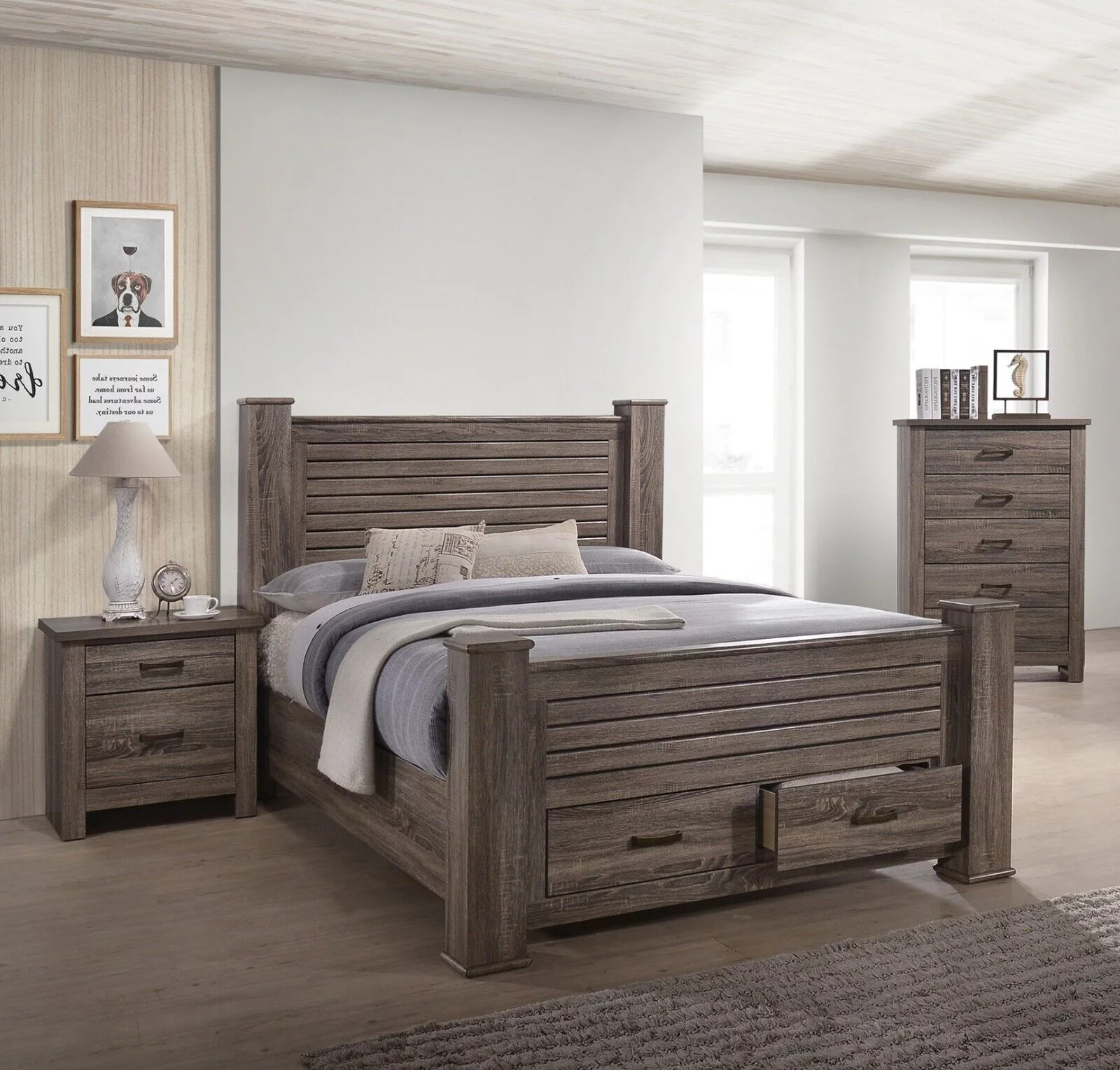 3pc Bedroom Furniture Set Natural Finish Eastern King Size Bed 2x Nightstands Transitional Style Functional Unique Bed