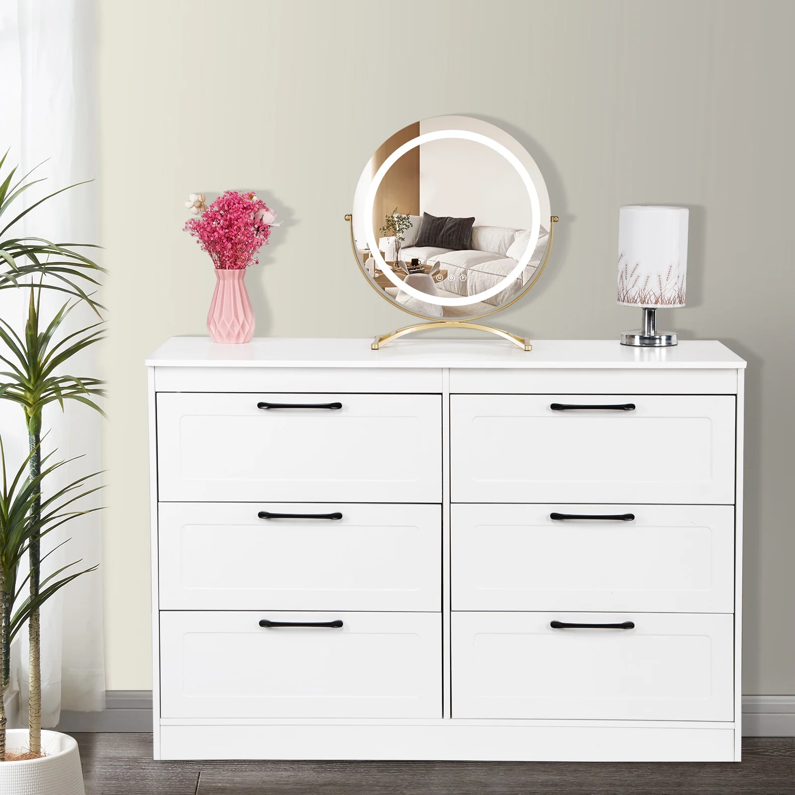Yamissi 6 Drawer Double Dresser, Modern Chest of Drawers for Bedroom Living Room, Wooden Storage Cabinet with Metal Pull Handles, White