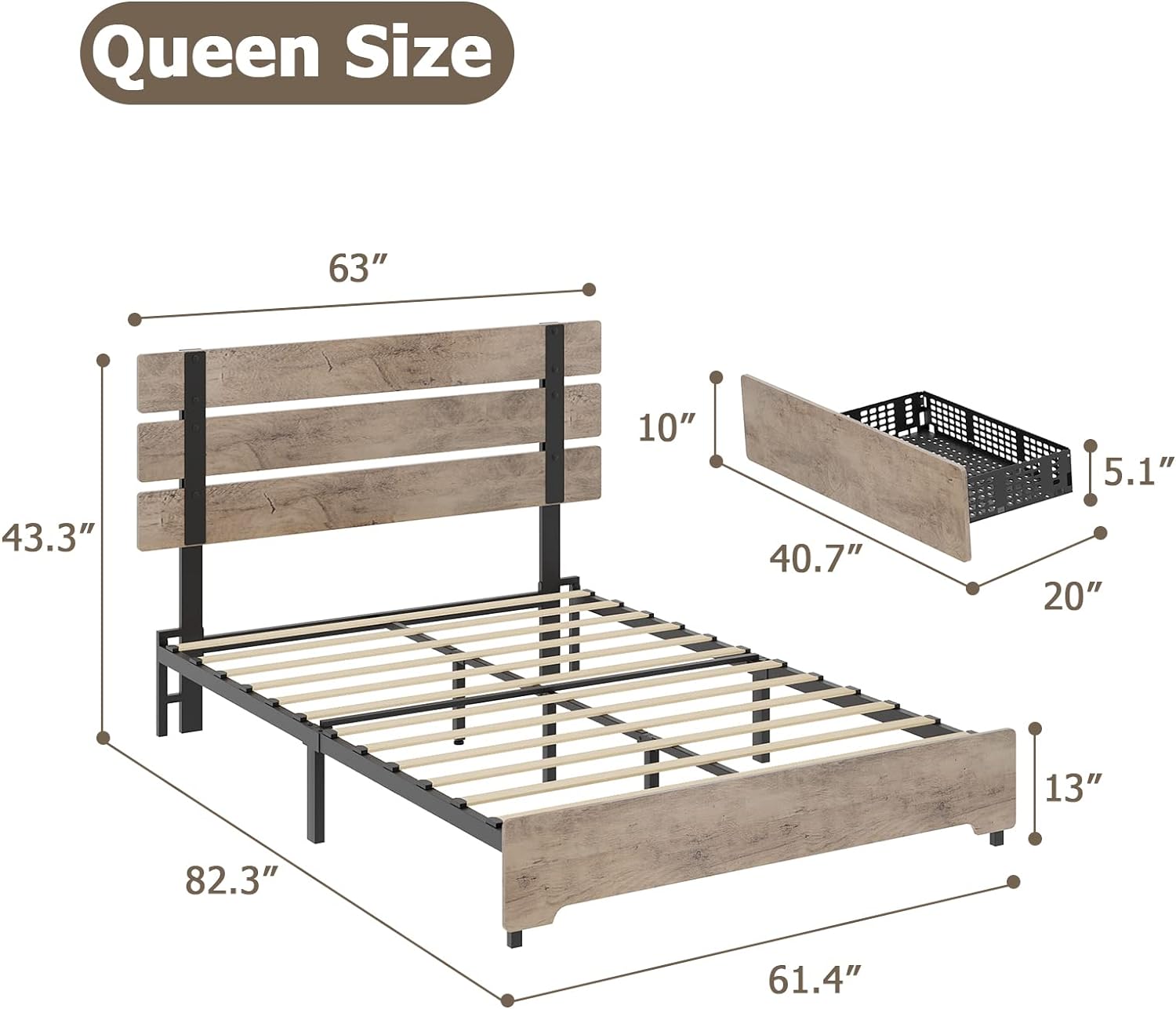 Queen Bed Frame with 4 Storage Drawers  Rustic Wooden Headboard and Footboard Platform Bed Frame with Strong Wood Slats and 9 Metal Legs Support  No Box Spring Needed  Easy Assembly  Wood