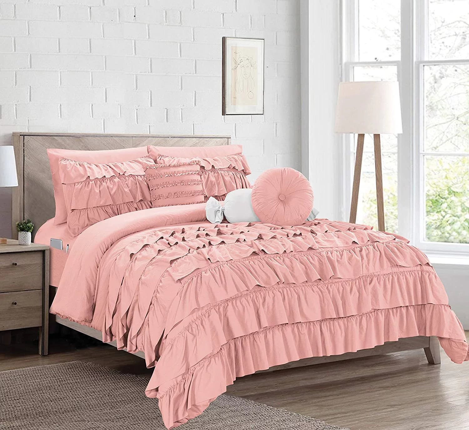 YINCHEN 10-Piece Bed-in-a-Bag Cindyrealla Comforter Set, Multiruffle Complete Comforter Set Includes Bed Sheet Set with Double Sided Smart Storage Pockets, King/Cal King,Dusty Rose