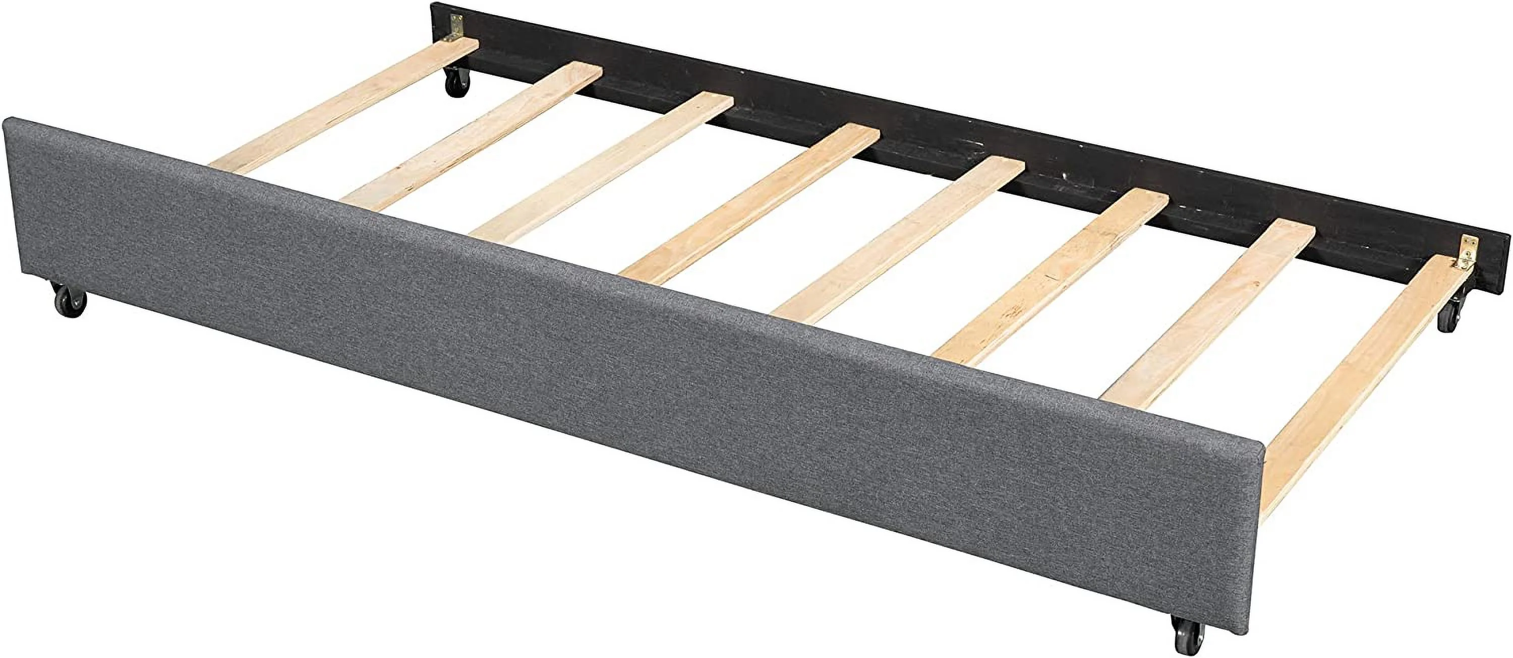 Full Size Platform Bed, Linen Upholstered Platform Bed Frame with Pull-Out Trundle Bed and Padded Headboard, Solid Wood 2-in-1 Beds Frame for Boys Girls Adults Bedroom, Space Saving