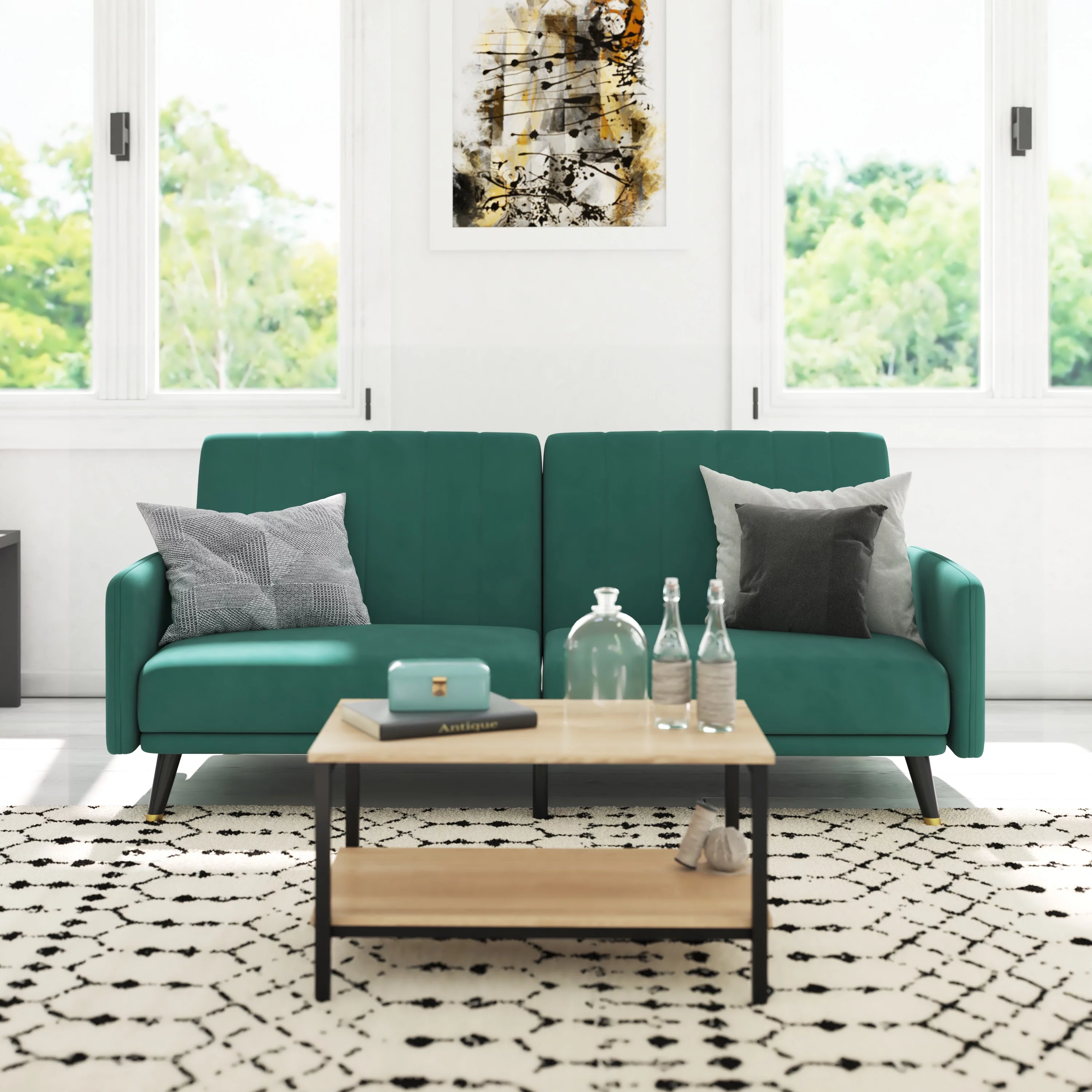 Emma + Oliver Premium Padded Velvet Upholstered Split Back Sofa Futon with Vertical Channel Tufting and Wooden Legs in Emerald