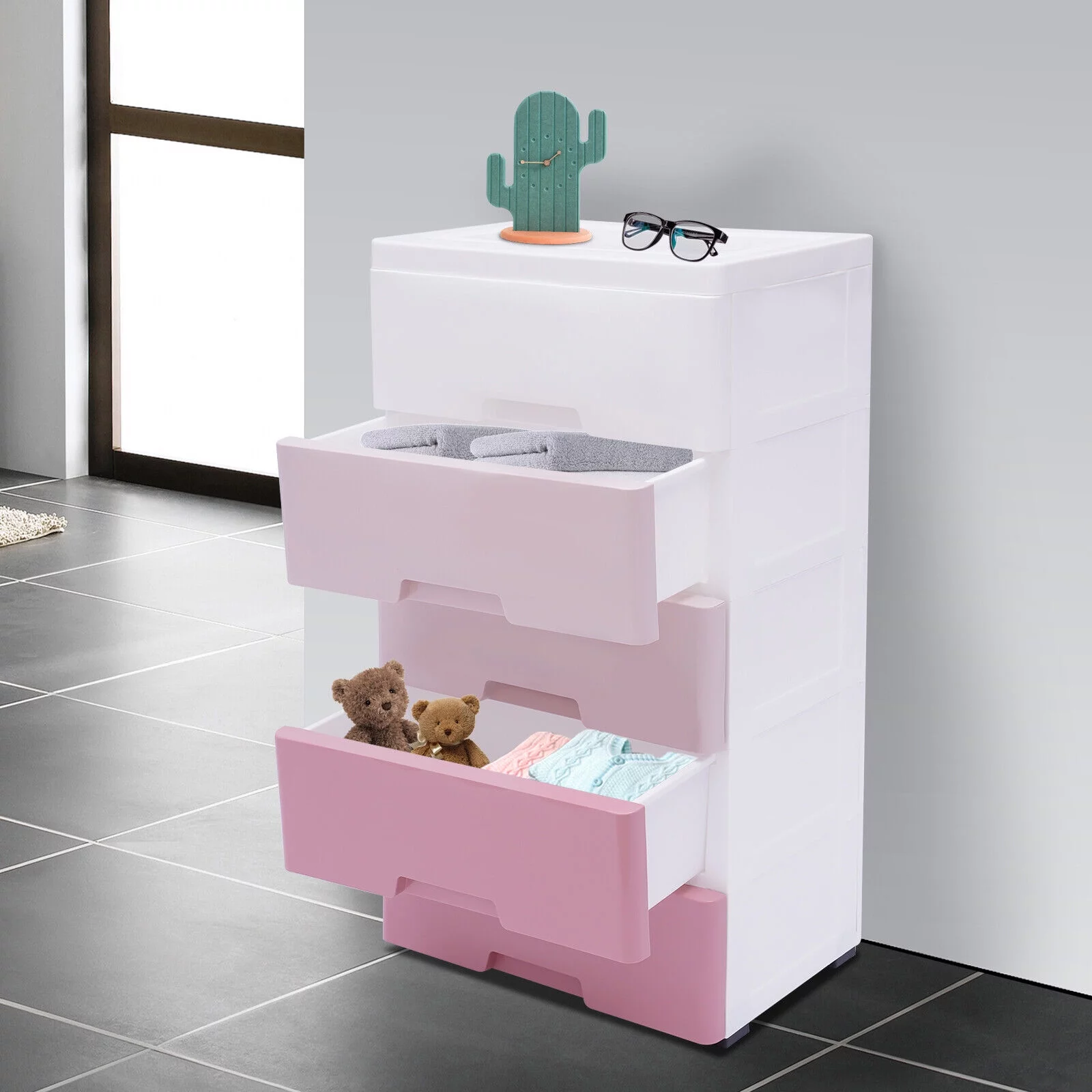 ZhdnBhnos 5-Layer Clothes Storage Drawers Dresser Storage Bins & Boxes Plastic Cabinet Closet Organizer with 4 Wheels Gradient Pink