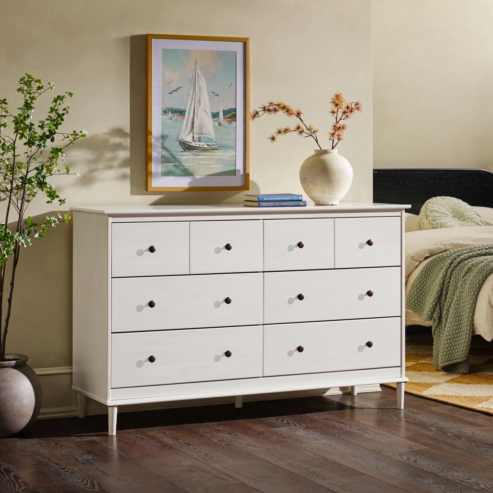 Walker Edison Mid-Century Modern 6-Drawer Solid Wood Dresser, White