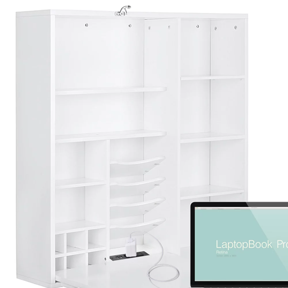 Utopia Alley Collapsible Fold Down Desk Table with Storage Cabinet & Shelves - Wall Mounted Desk Furniture with Chalkboard Wall - Computer Desk Storage with USB Charging Ports & Outlets - White