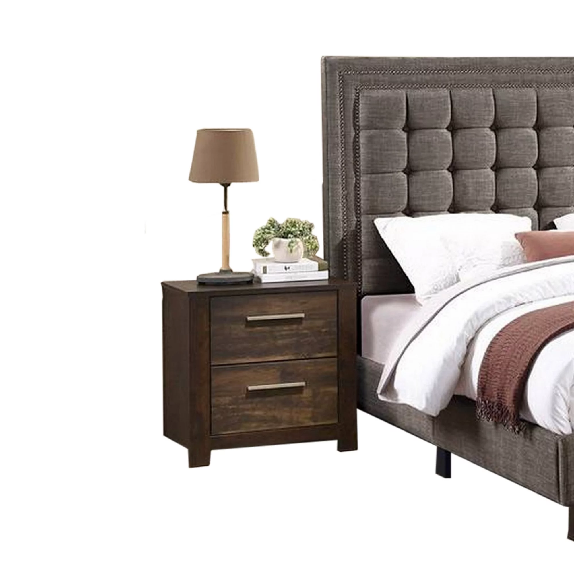 Benjara Zofi Modern King Size Bed, Deep Square Tufted Upholstery, Taupe Polyester