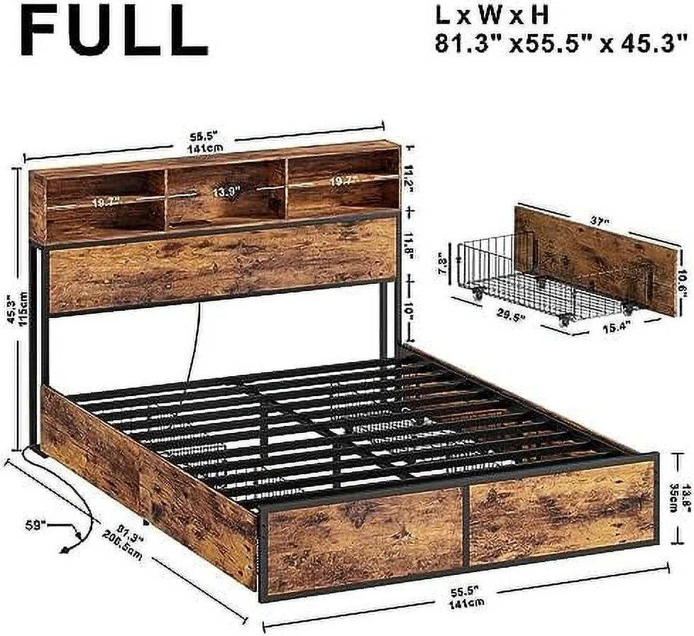HBBOOMLIFE Queen Bed Frame with 4  Drawers & Bookcase Headboard & Charging Station  Sturdy and No Noise Platform Bed  No Box Spring Needed  Easy Assembly  Vintage Brown