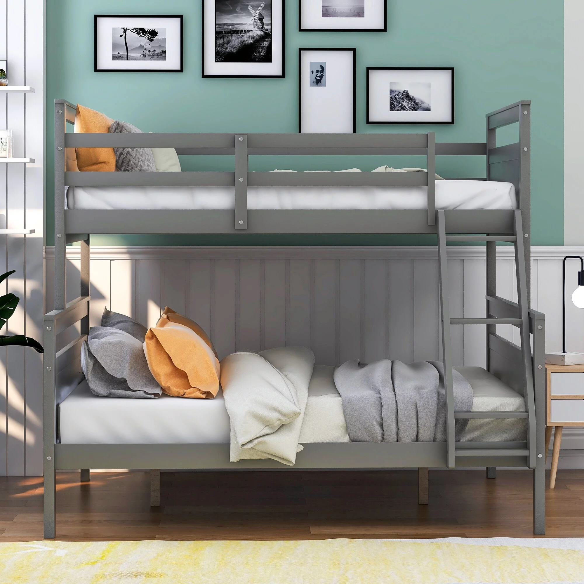 Nestfair  Twin-over-Full Bunk Bed with Ladder and Guardrail Grey