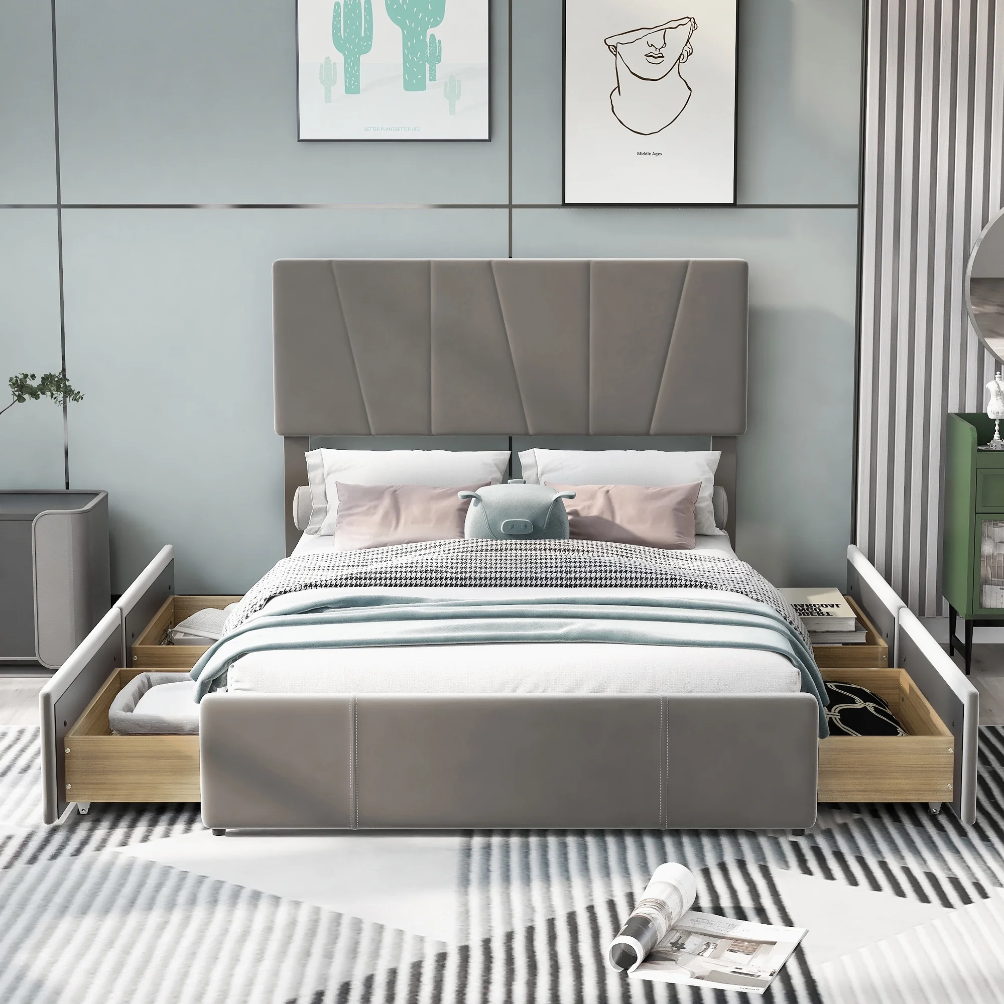 EUROCO Upholstery Full Size Platform Bed with 4 Drawers for Kids Room, Gray