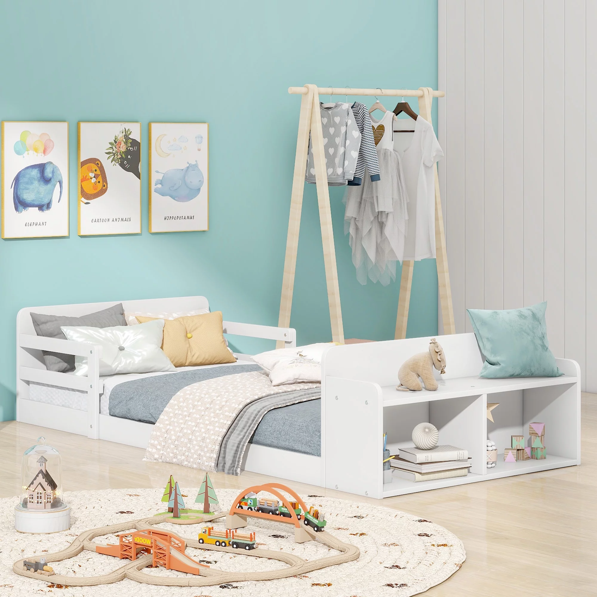 Euroco Wood Twin Size Floor Bed, Twin Platform Bed with Storage Desk and Shelf, White