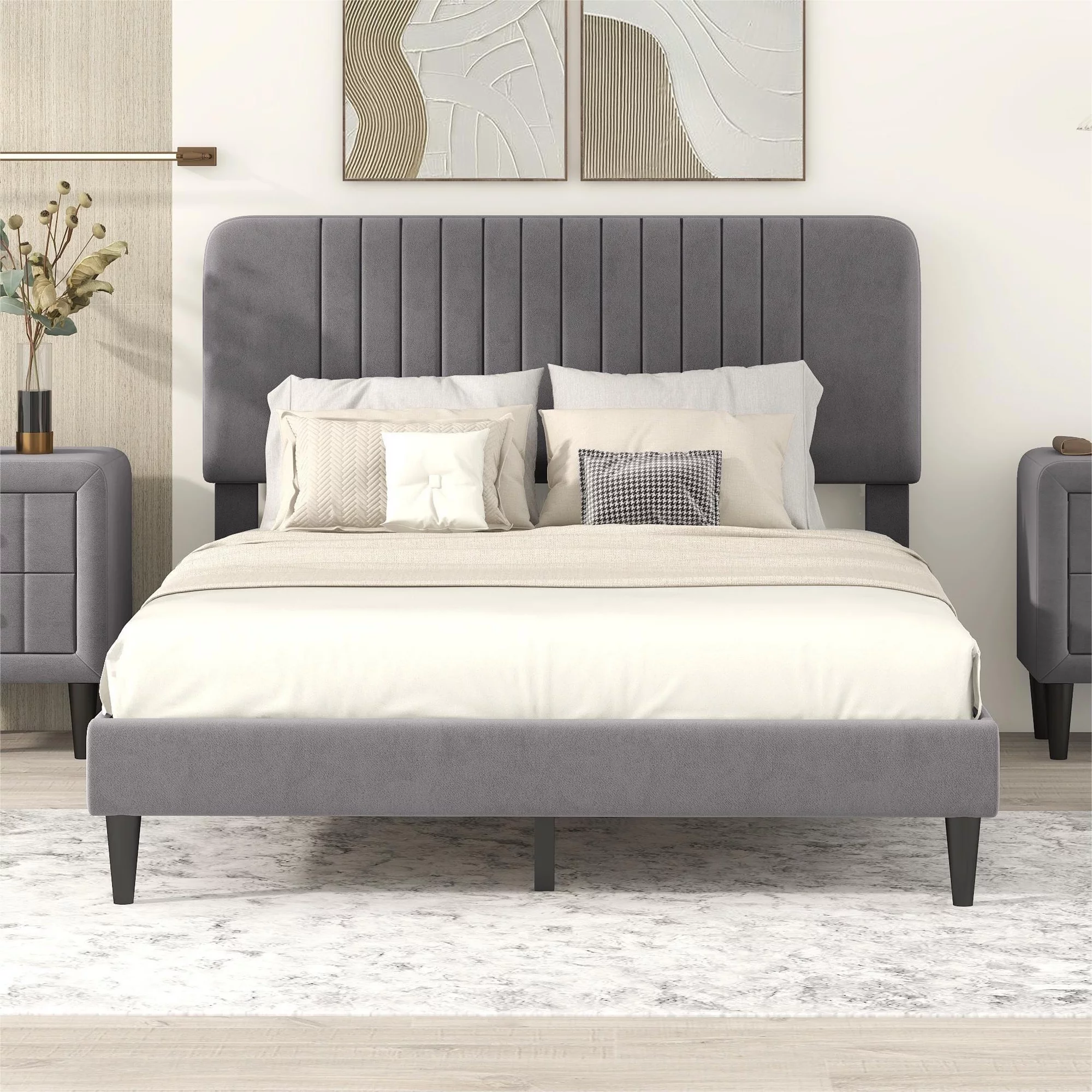 Full Size Upholstered Platform Bed,No Box Spring Needed, Velvet Fabric,Gray