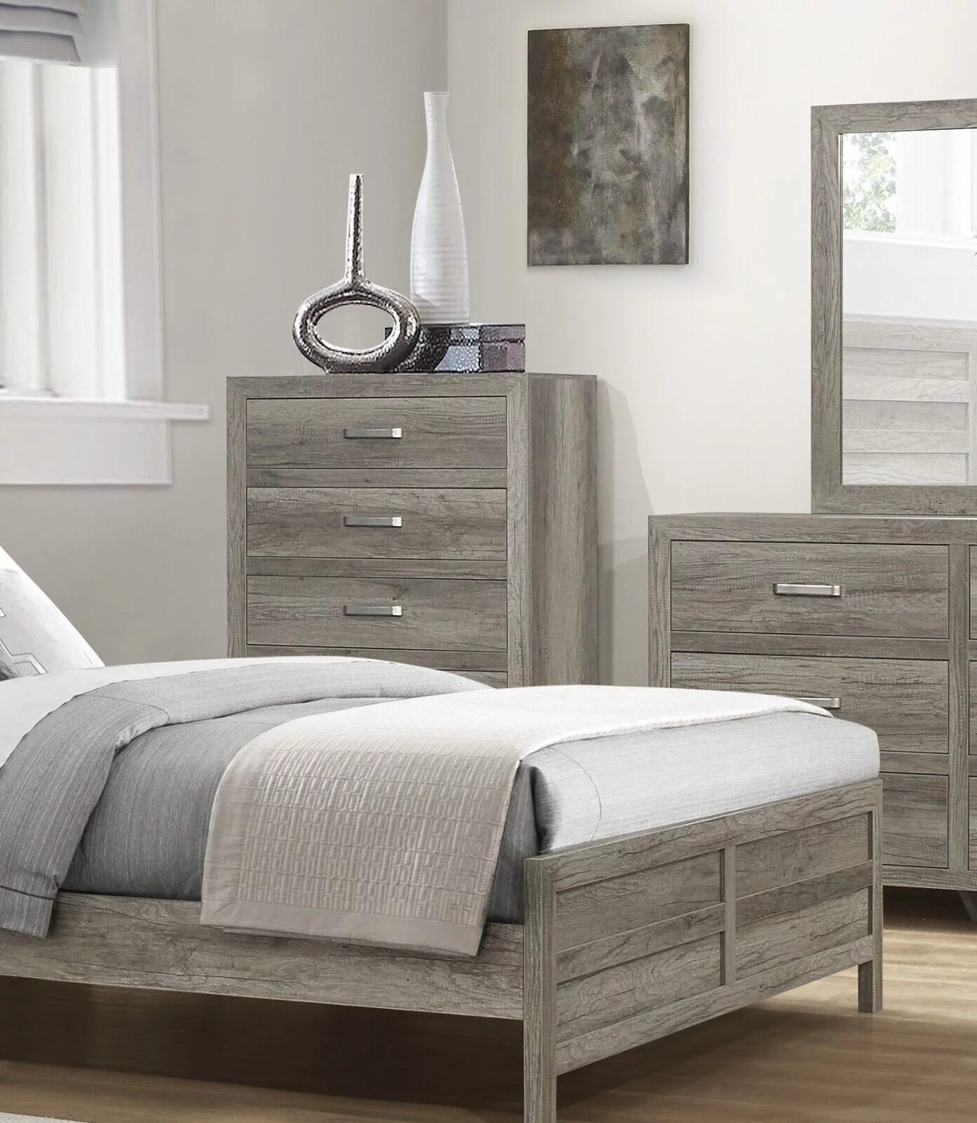 Gray Finish Modern Bedroom 5pc Set Queen Size Panel Bed Nightstand Dresser Chest Mirror Transitional Rustic Style