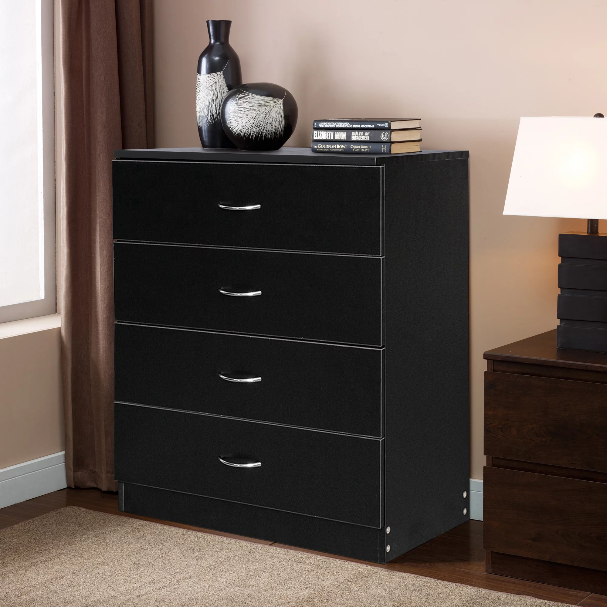 4-Drawer Dresser Cabinet, Modern Wooden File Cabinet, Storage Chest for Kids Room, Storage Cabinet for Bedroom, Simple Home Furniture of Drawers for Storing Clothes, Cosmetics, Black, D8709