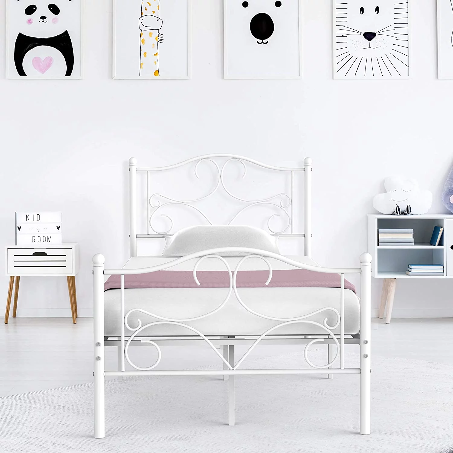 FSXUOLIPI Curved Twin Bed Frame for Kids No Box Spring Needed Platform Bed Frames with Metal Headboard Footboard White, 78.7’’L ×39.3’’W ×42.5’’H