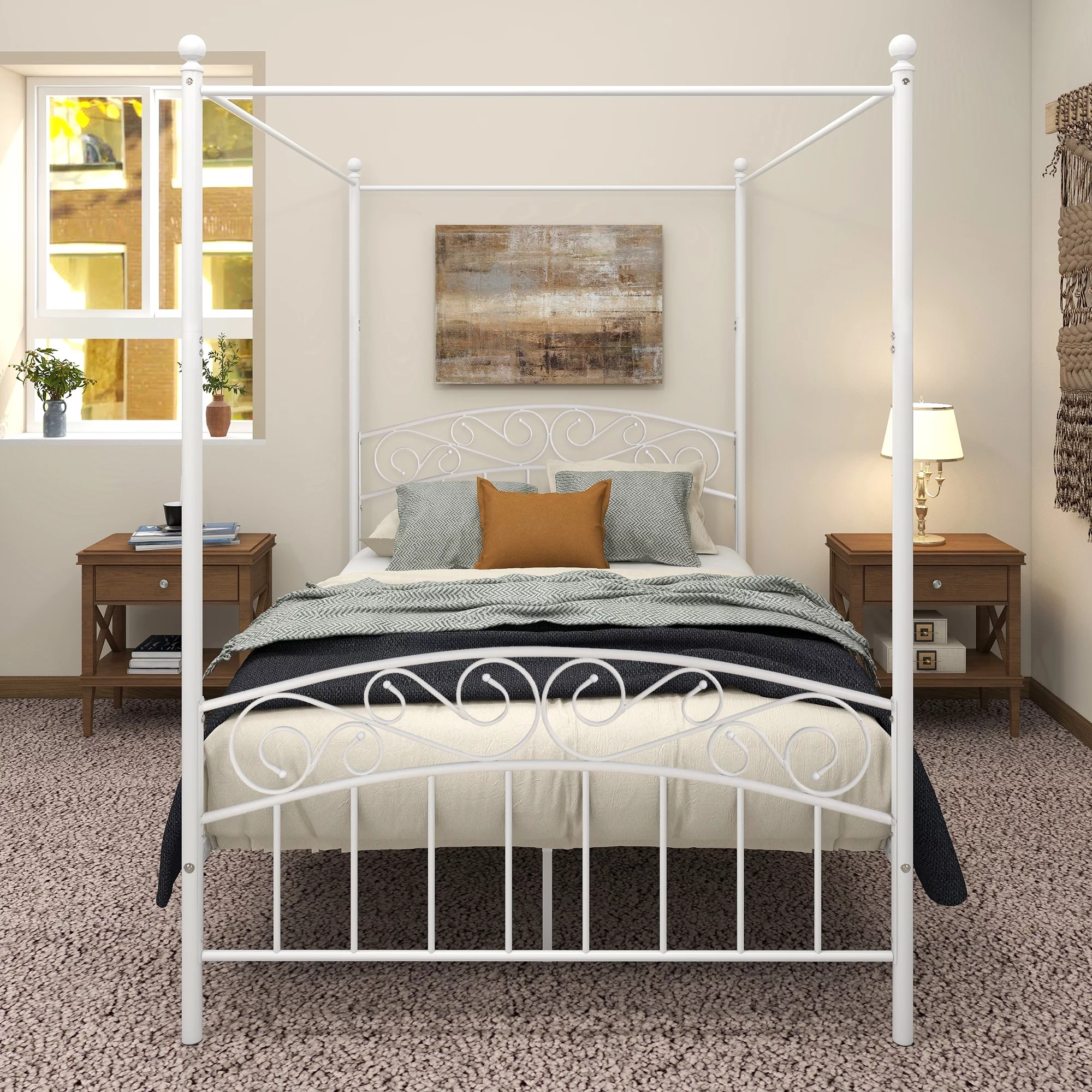 Metal Canopy Bed Frame with Ornate European Style Headboard & Footboard Sturdy Steel Holds 600lbs Perfectly Fits Your Mattress Easy DIY Assembly All Parts Included, Full White