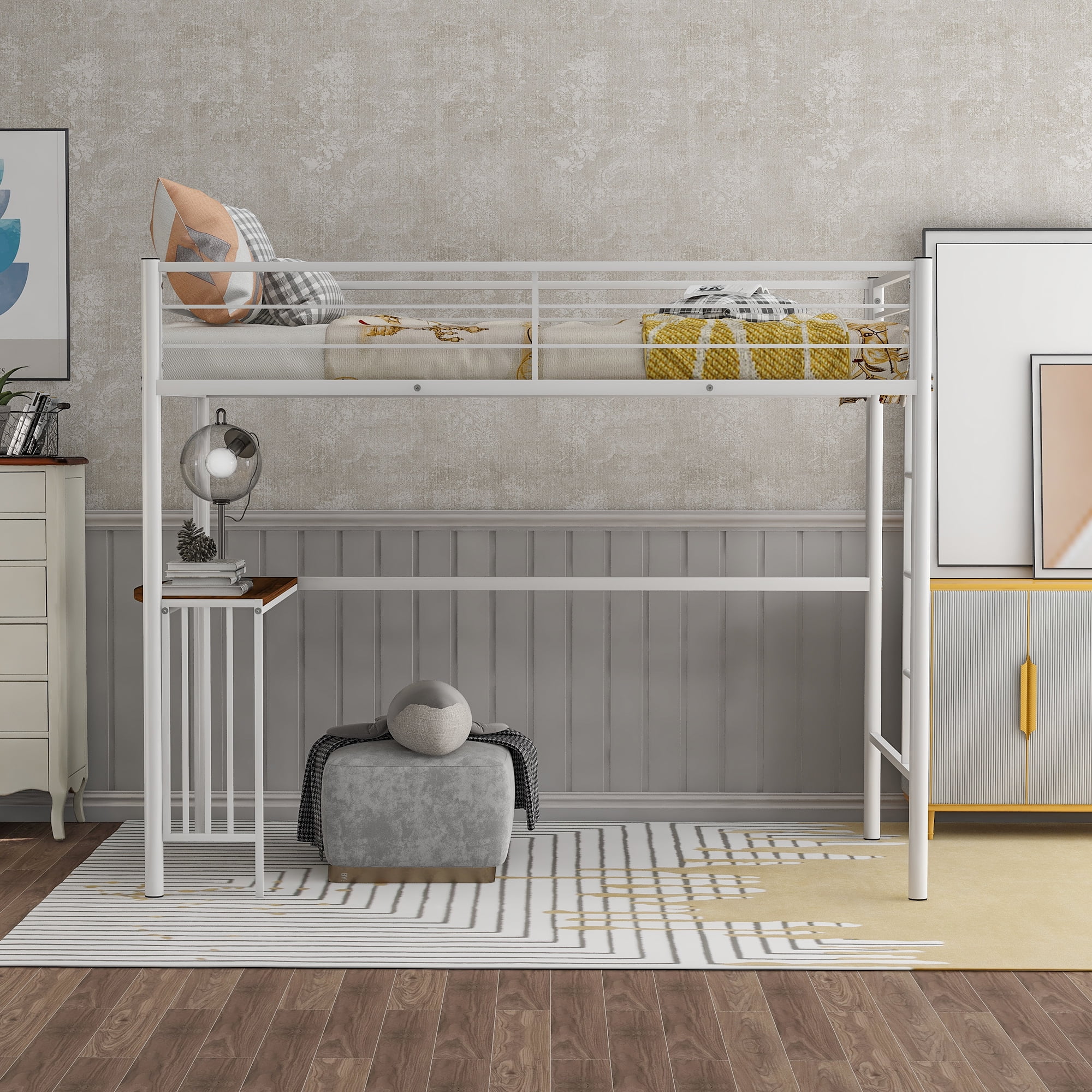 Twin Metal Loft Bed with Desk Build-in Ladders and Full-Length Guardrails, Space-Saving Design for Kids, Toddlers, Boys and Girls Bedroom No Box Spring Needed