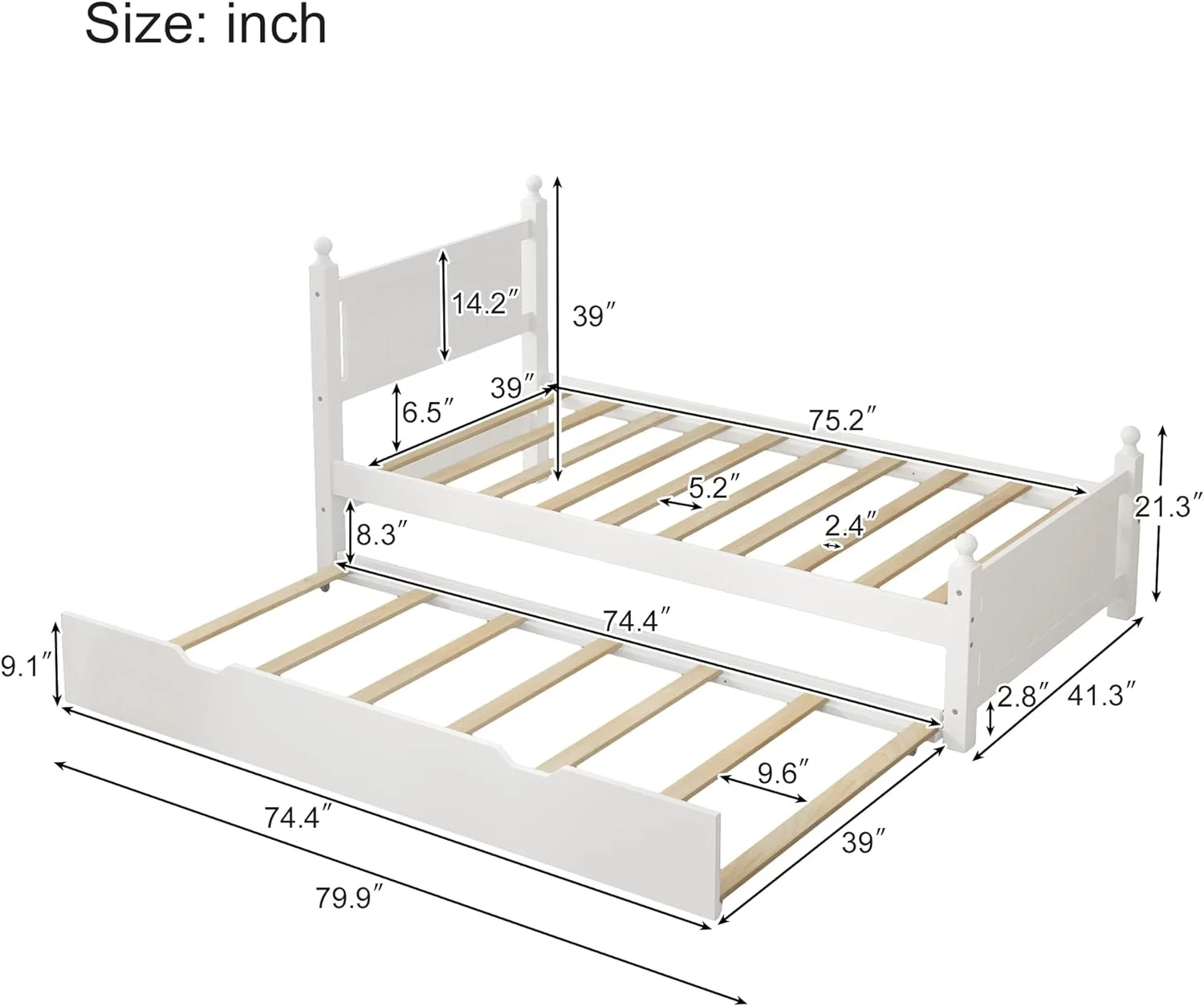 Twin Size Solid Wood Platform Bed Frame with Trundle for Limited Space Kids, Teens, Adults, No Need Box Spring