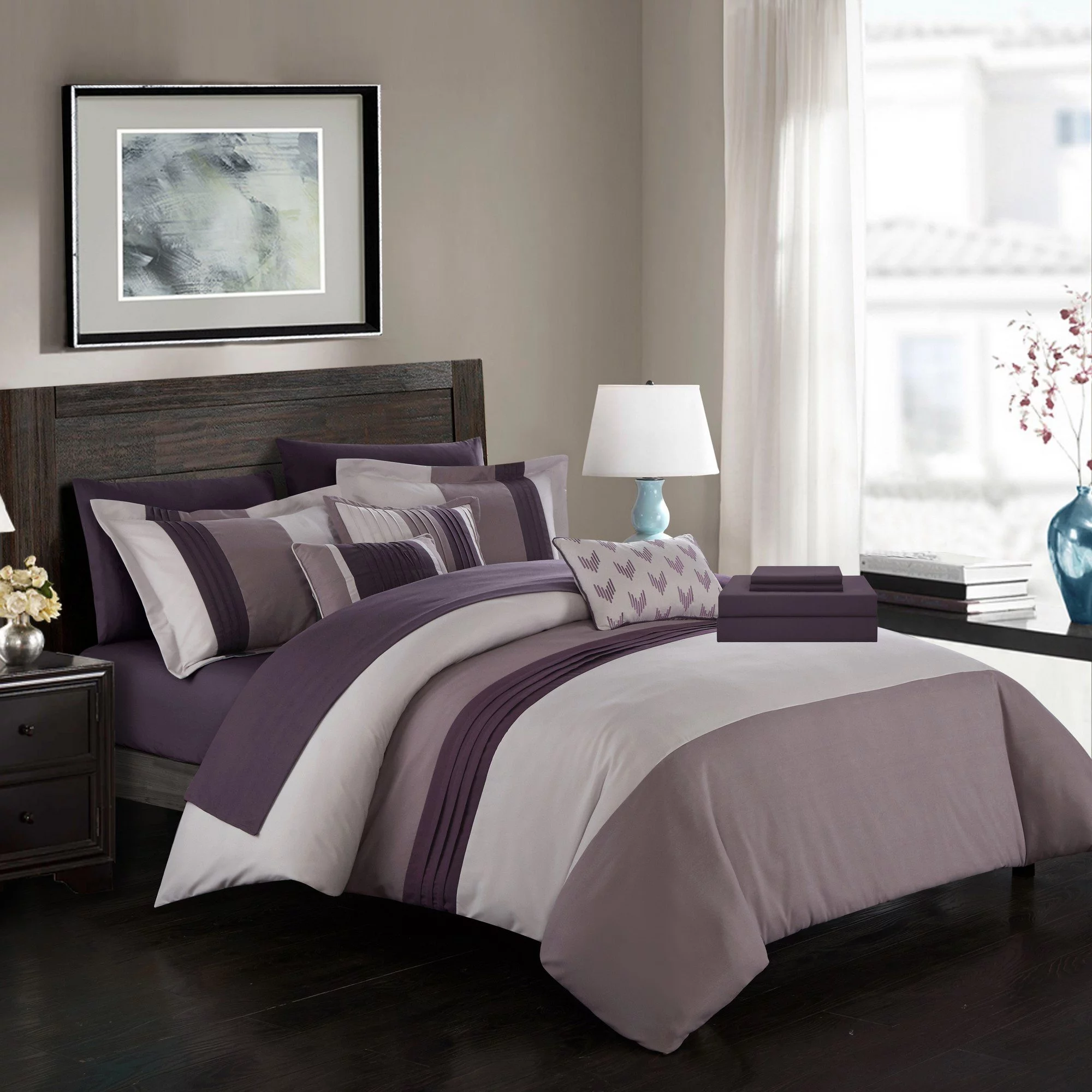 Chic Home Moriarty Elegant Color Block Ruffled BIB Soft Microfiber Sheets 10 Pieces Comforter Decorative Pillows & Shams - Queen 90x90, Plum