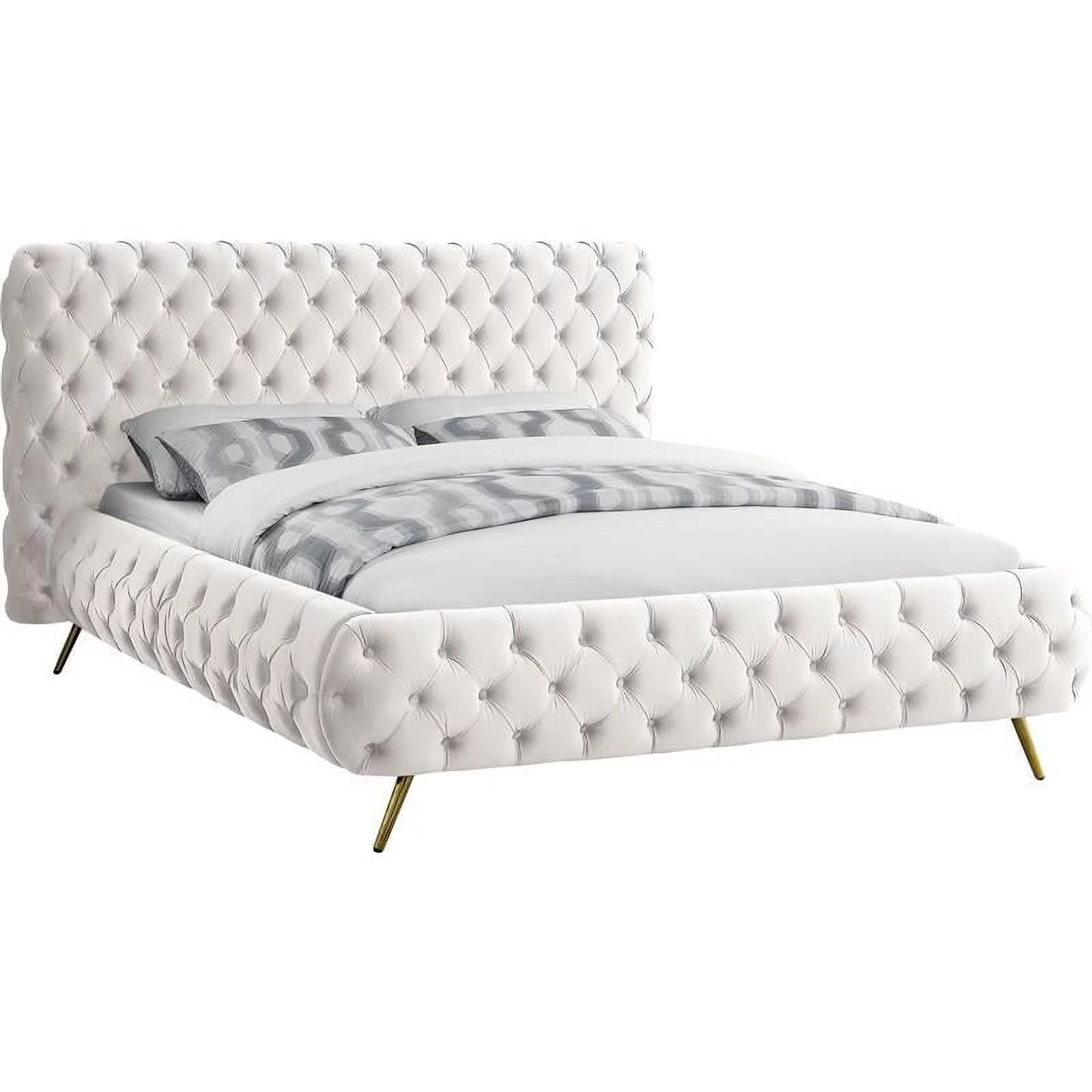 Maklaine Contemporary Solid Wood Tufted Velvet Queen Bed in Cream