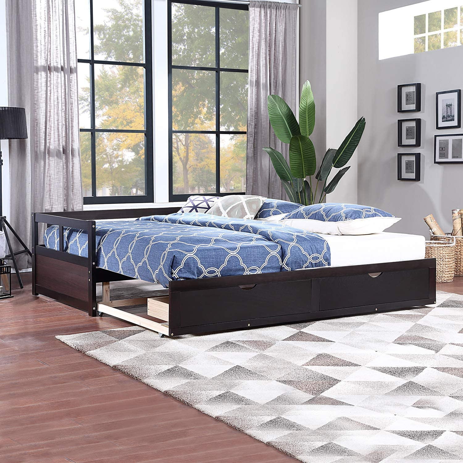 Daybed With Trundle And Drawers, To King Design Sofa Bed,Wooden Extendable Bed Daybed For Bedroom Living Room, Espresso