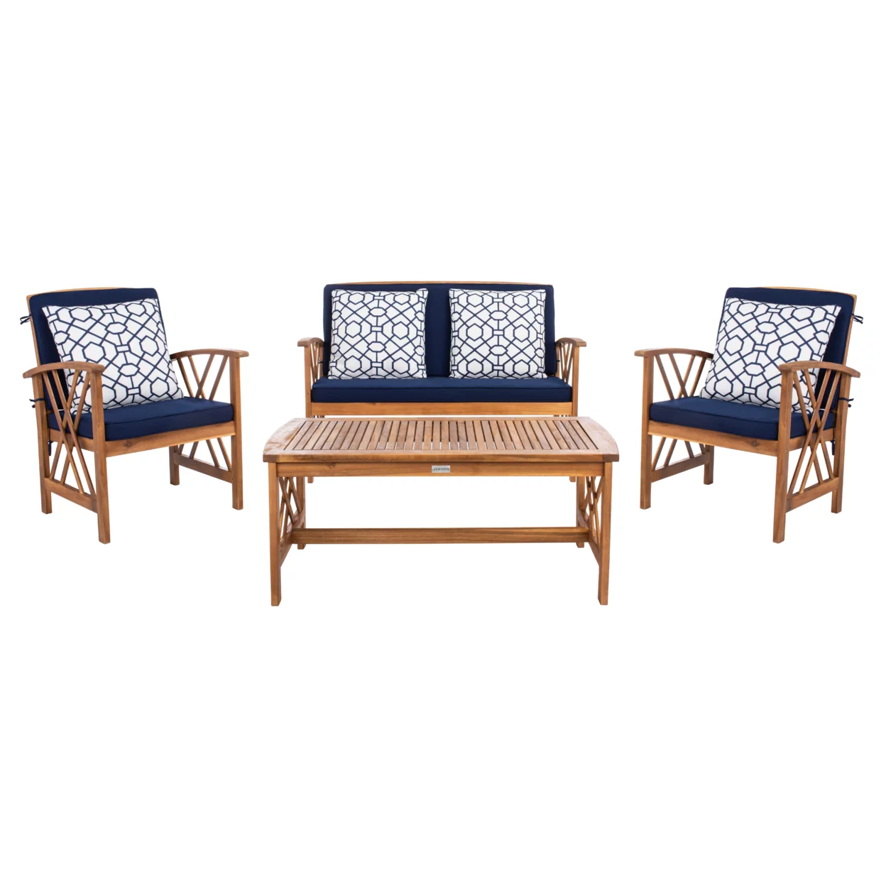 SAFAVIEH Fontana Outdoor Patio 4 Pc Conversational Set, Natural/Navy