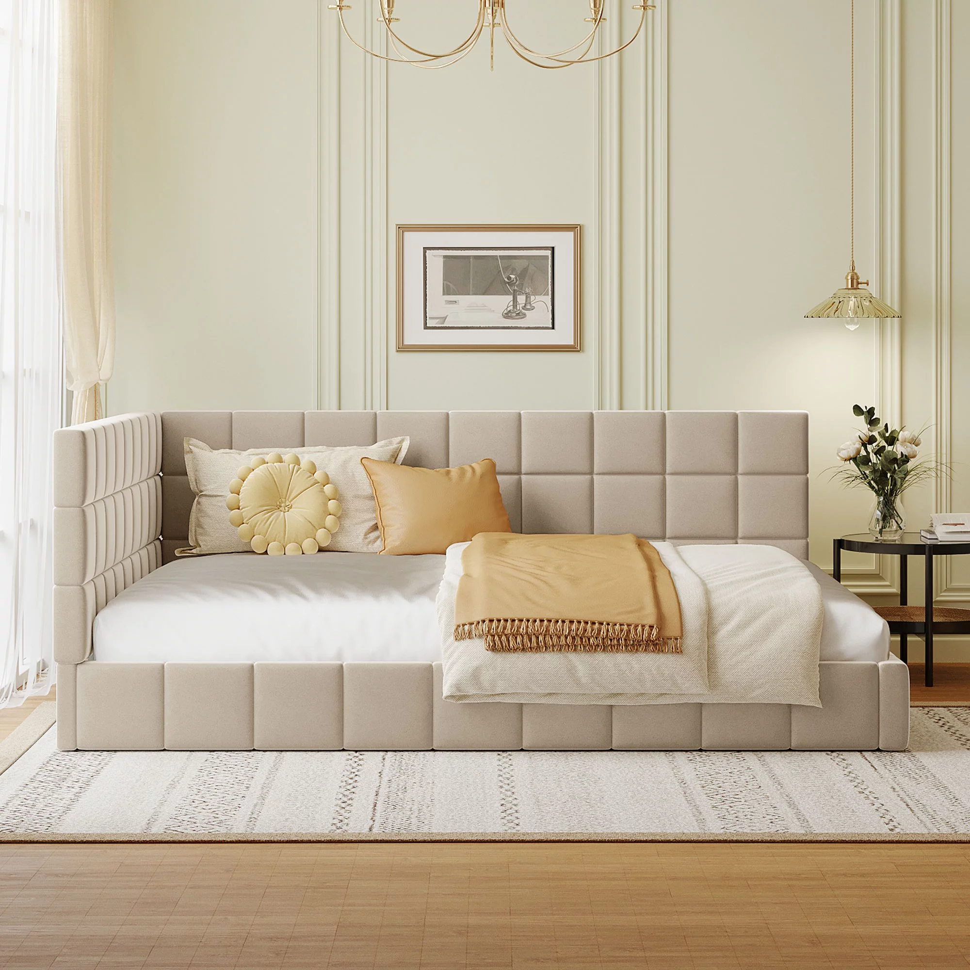 Bellemave Upholstered Full Size Daybed, Tufted Floor Sofa Bed Frame with Wood Slat Support, Corner Full Beds for Living Room Bedroom (Beige)