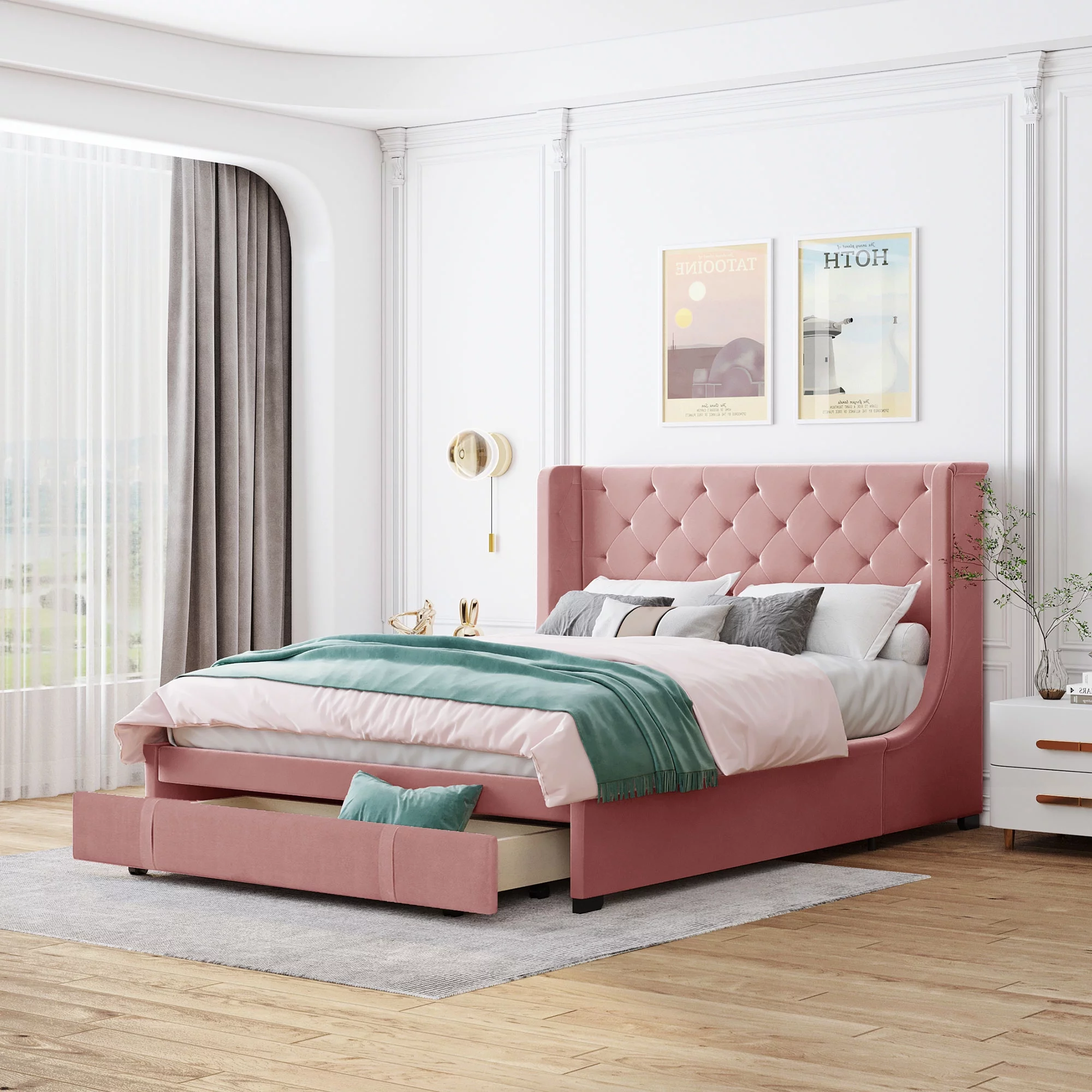 Dcenta Queen Size Storage Bed Upholstered Platform Bed with Wingback Headboard and a Big Drawer (Pink),Overall Product Weight: 110LBS