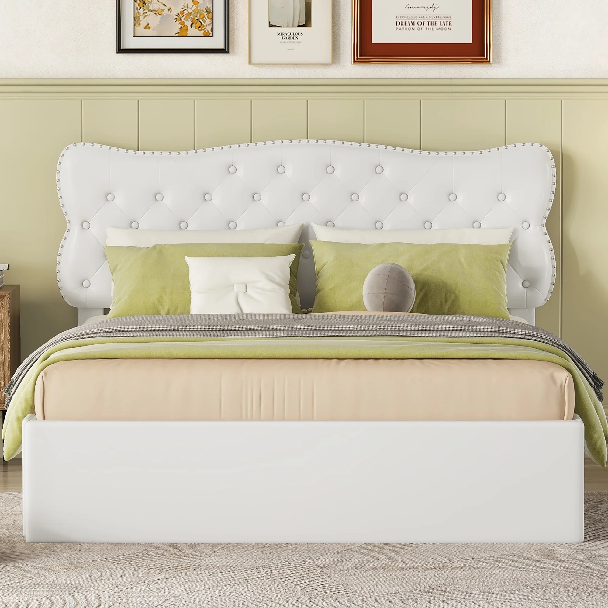 EUROCO Upholstery Queen Size Platform Bed with 4 Drawers for Living Room, PU Leather Headboard Heavy Duty Bed for Kids Teens Adults, Beige