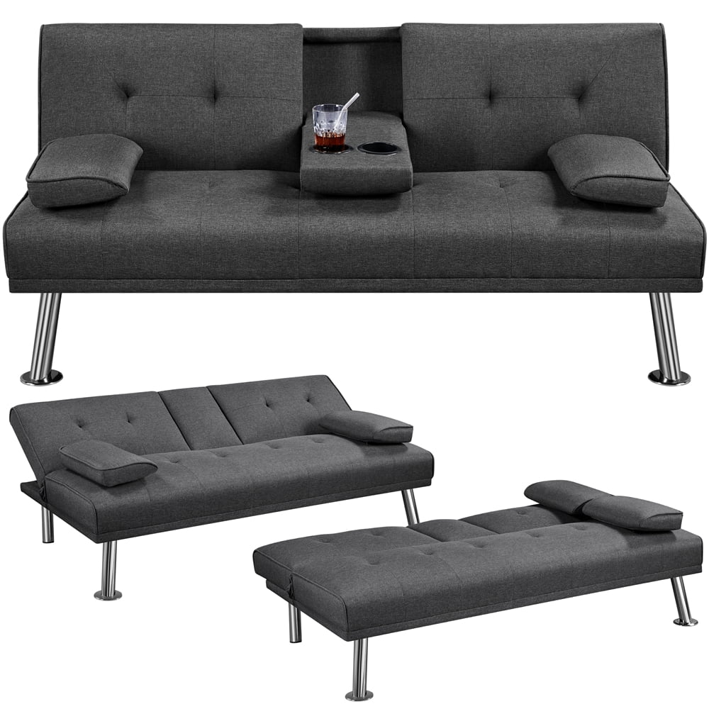 Easyfashion Modern Fabric Reclining Futon with Cupholders and Pillows, Gray