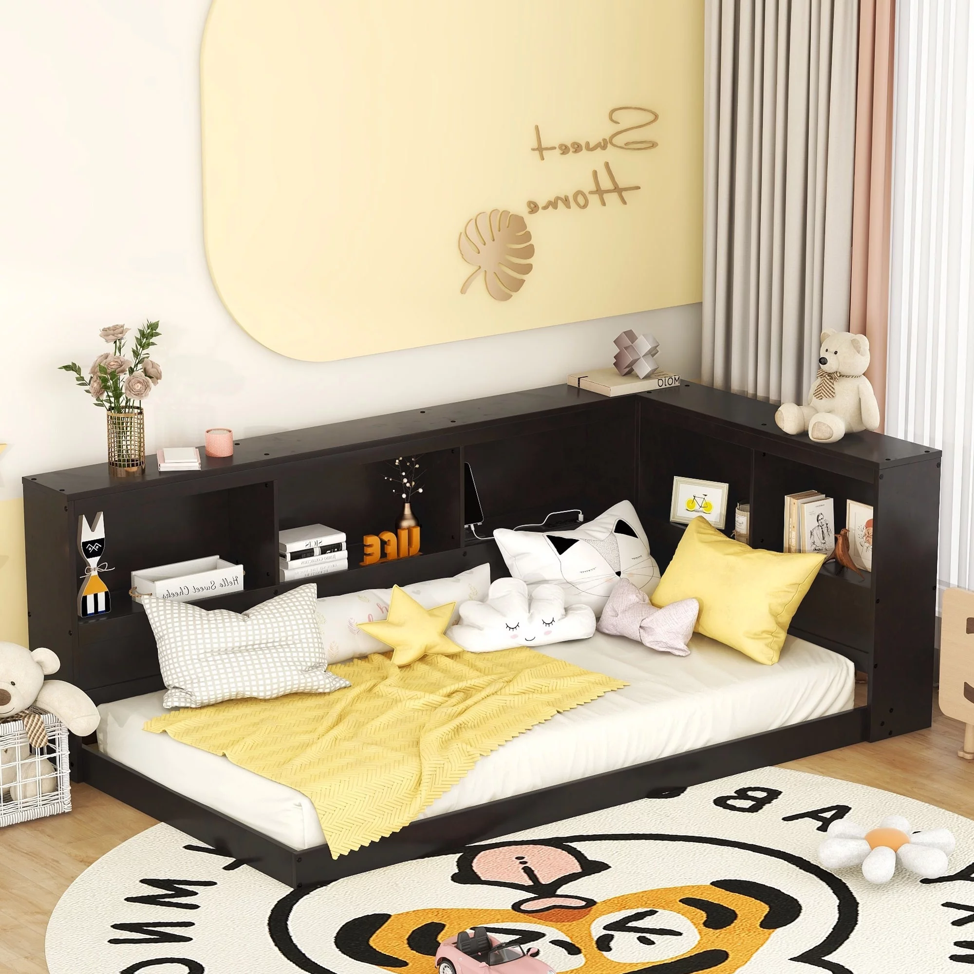 Bellemave Modern Twin over Twin Size Wood Daybed with Stronge Storage Cabinets and USB Ports,Low Floor Bed for Kids Teens Adult Bedroom,Easy Assembly(Espresso)