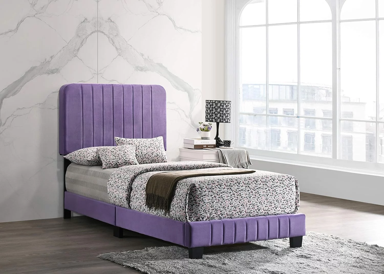 QCAI Lodi Velvet Upholstered Twin Bed in Purple