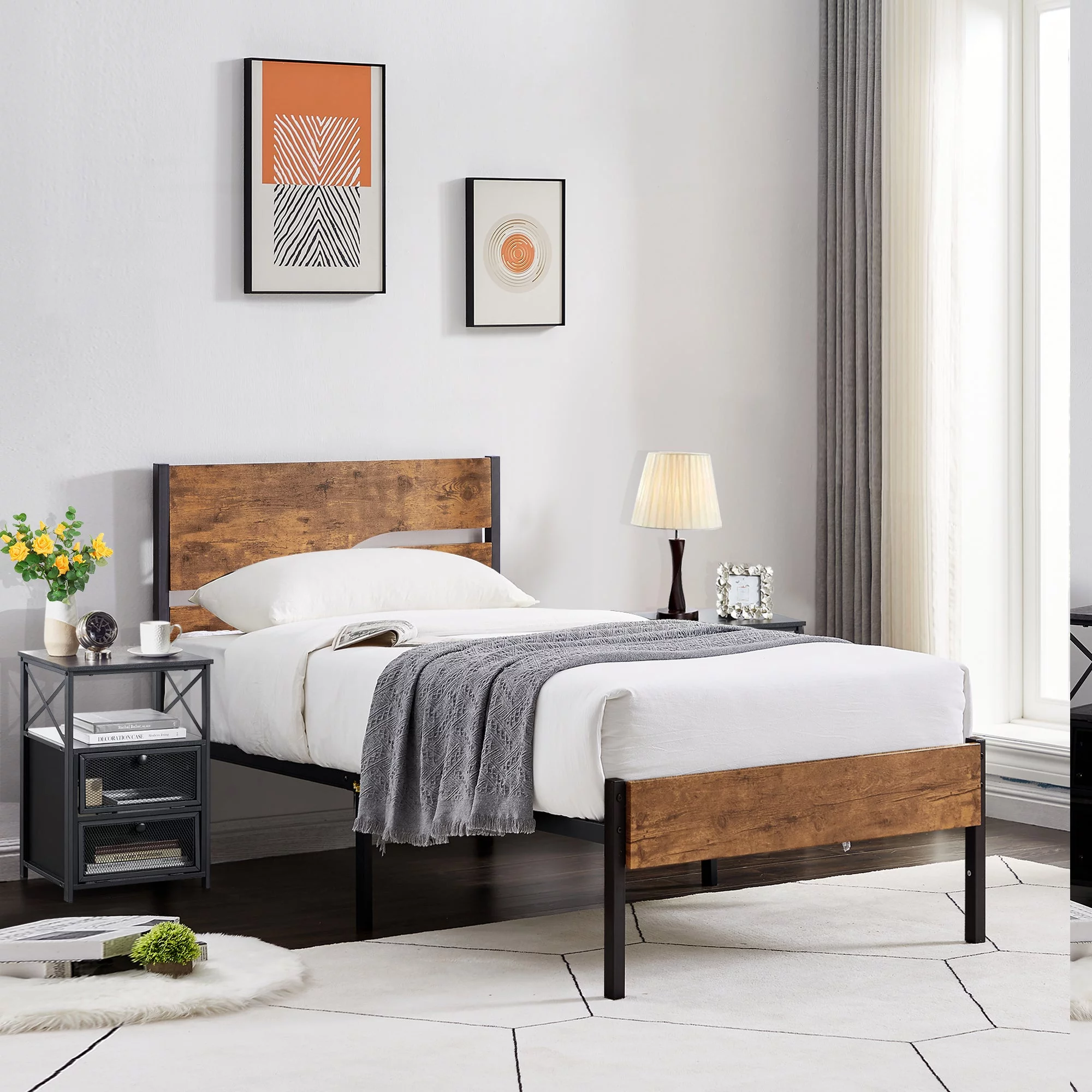 VECELO 3-Piece Bedroom Set Metal Platform Bed with Wooden Headboard and 2 Black Nightstand, Twin Size