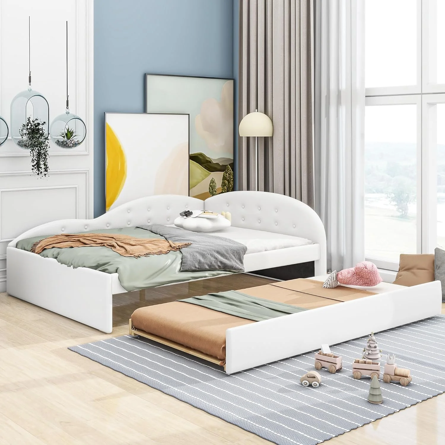 Full Size Daybed Wih rudle, Faux Leaher Upholsered Day Bed Frame, Boom ufed Sofa Bed Wih Cloud Shaped Rails For Bedroom Livig Room Gues Room, Whie