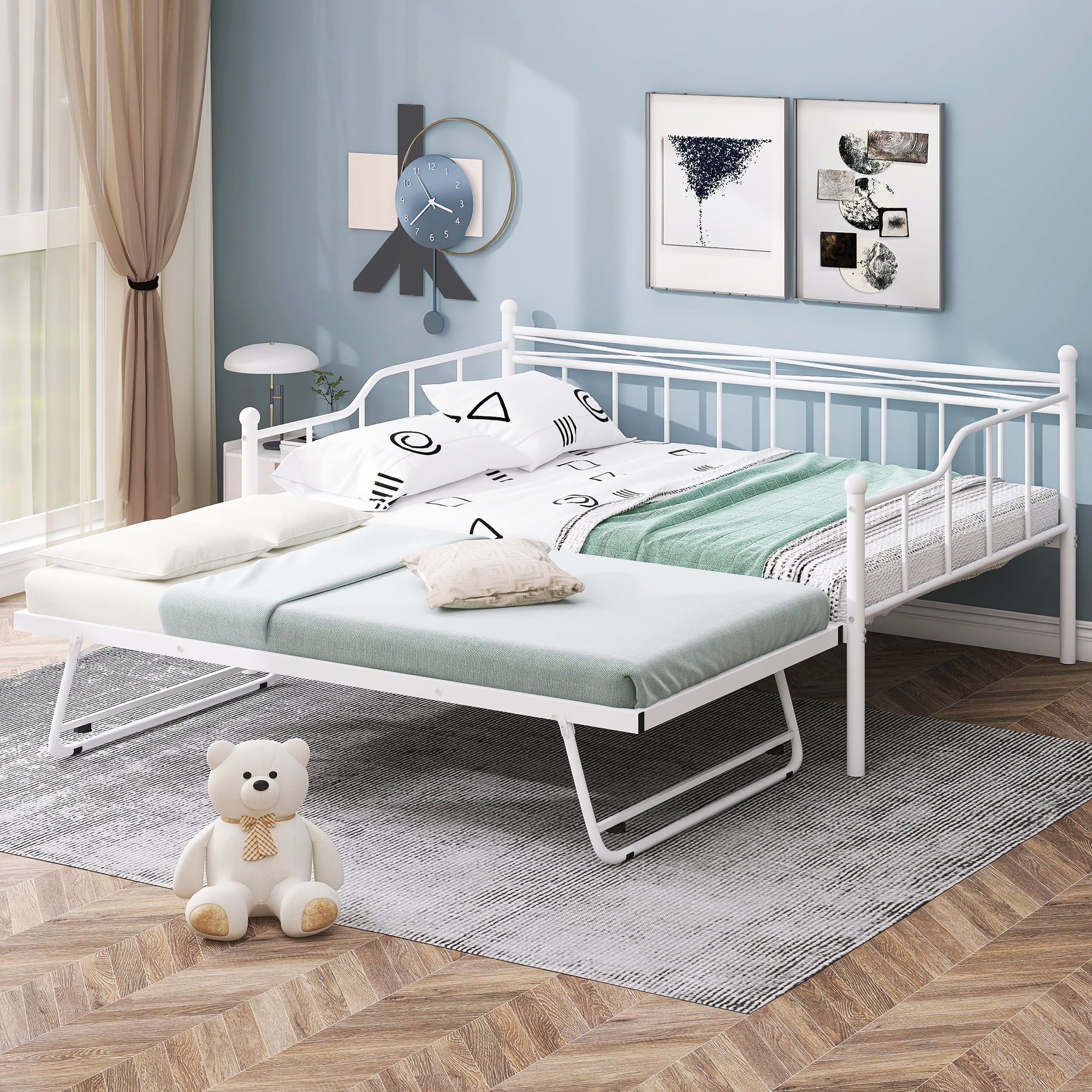 CoSoTower Full Size Metal Daybed with Twin Size Adjustable Trundle, Portable Folding Trundle, White