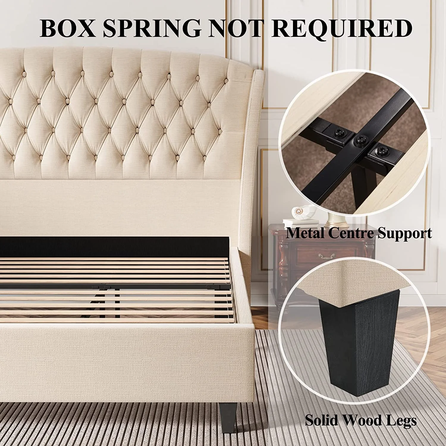 Jocisland Upholstered Bed Frame King Size Wingback Platform Bed Frame Tufted and Headboard Tall Linen Bed Frame/No Box Spring Needed(Beige)