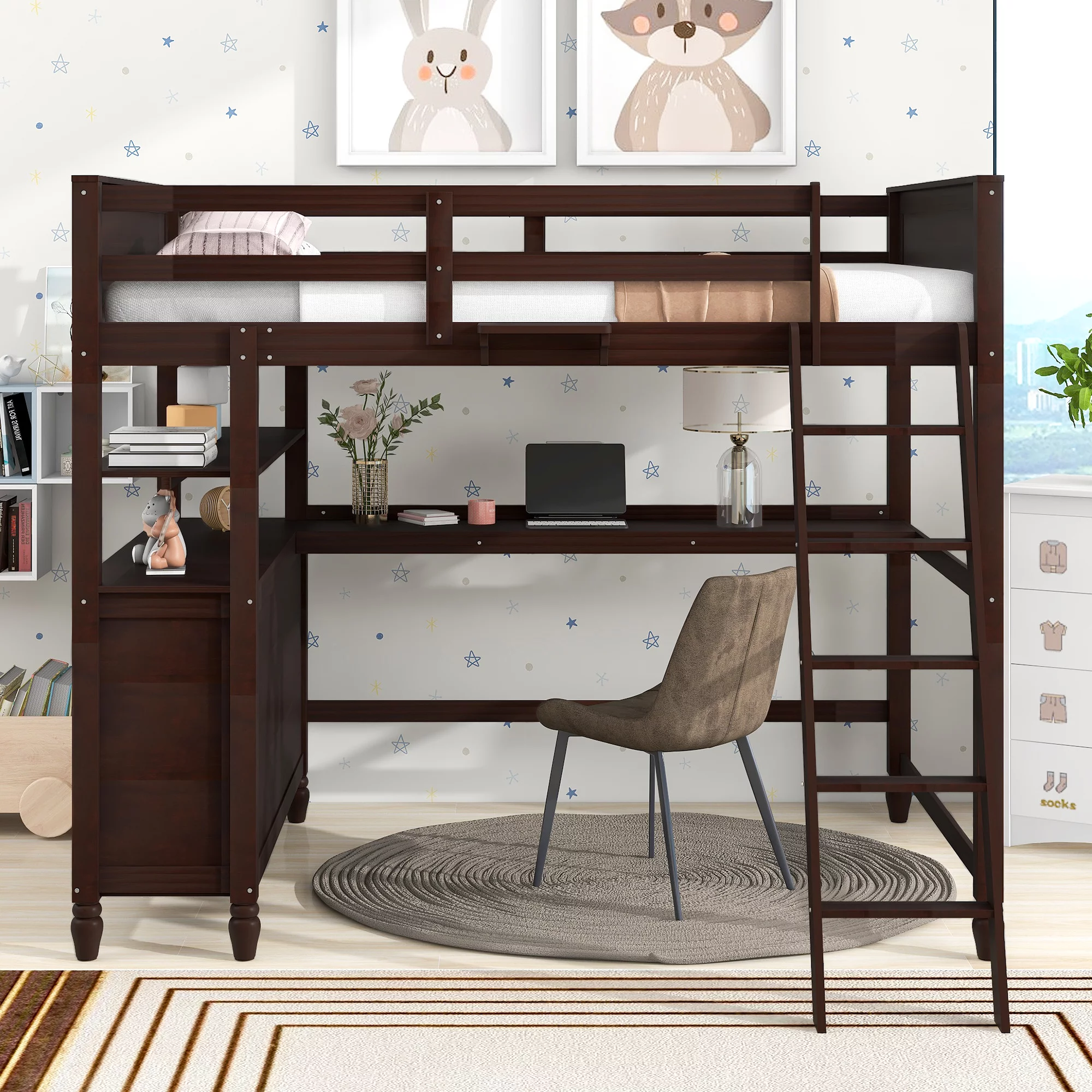 Churanty Full Size Loft Bed with Desk and Storage Drawers, Wooden Loft Bed Frame with Cabinets and Shelves,Espresso