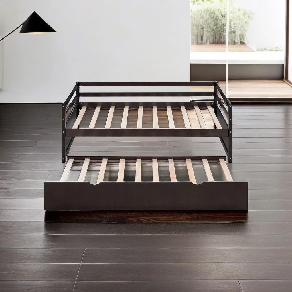 Wood Daybed with Trundle, Twin Size Day Bed Frame with Twin Trundle Sofa Bed for Bedroom Guest Room, No Box Spring Needed