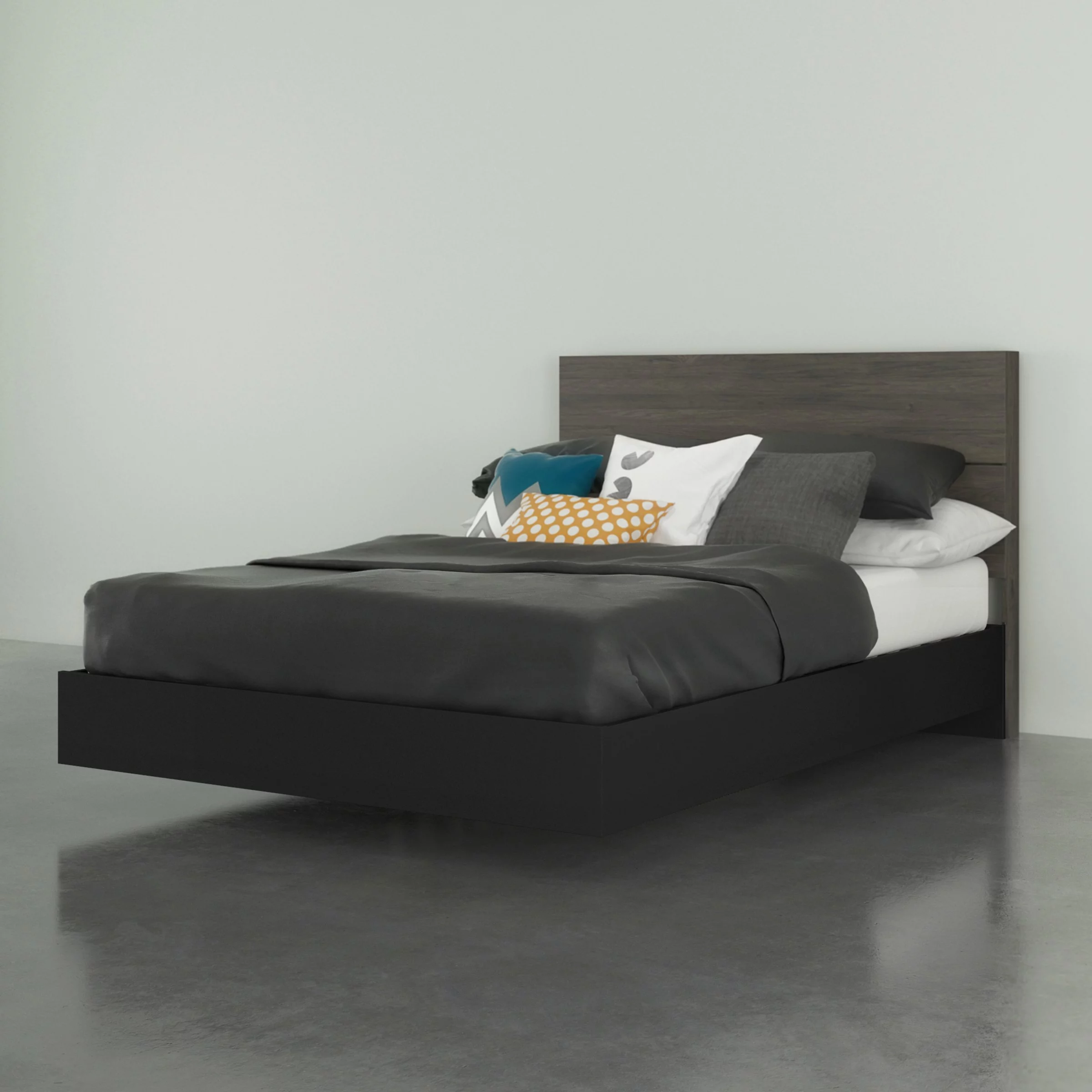 Nexera Apollo Platform Bed with Headboard, Bark Grey and Black Full