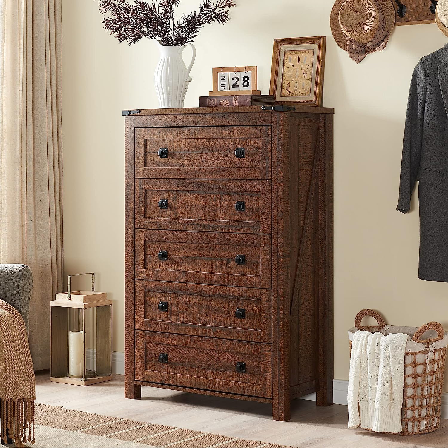 Farmhouse 6 Drawers Dresser Chests for Bedroom Wood Rustic Wide Chset of Drawers Storage Dressers Organizer for Bedroom Living Room Hallway Light Rustic Oak