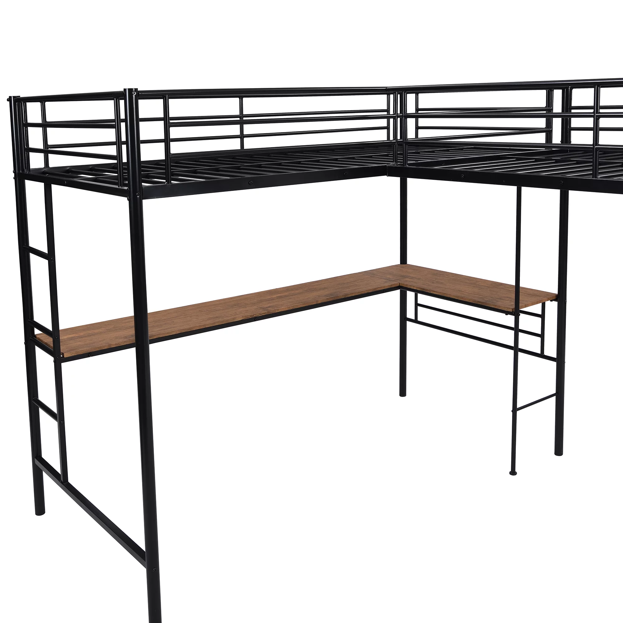 Bellemave L Shaped Loft Bed Twin 2 Beds with Desk, Metal Twin Size Loft Bed Frame with Two Built-In Ladders and Safety Rails for Bedroom, Dorm, Kids, Teens (Black)
