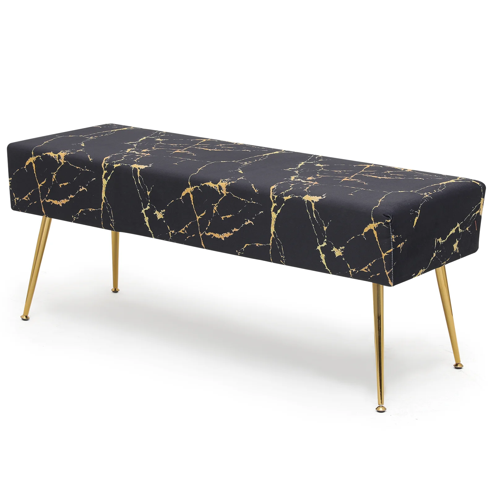 Magshion Rectangular Tufted Velvet Marbling Pattern Ottoman, Entryway Microfiber Shoe Stool, Bedroom End of Bed Bench, Home Footrest Footstool, Black/Gold