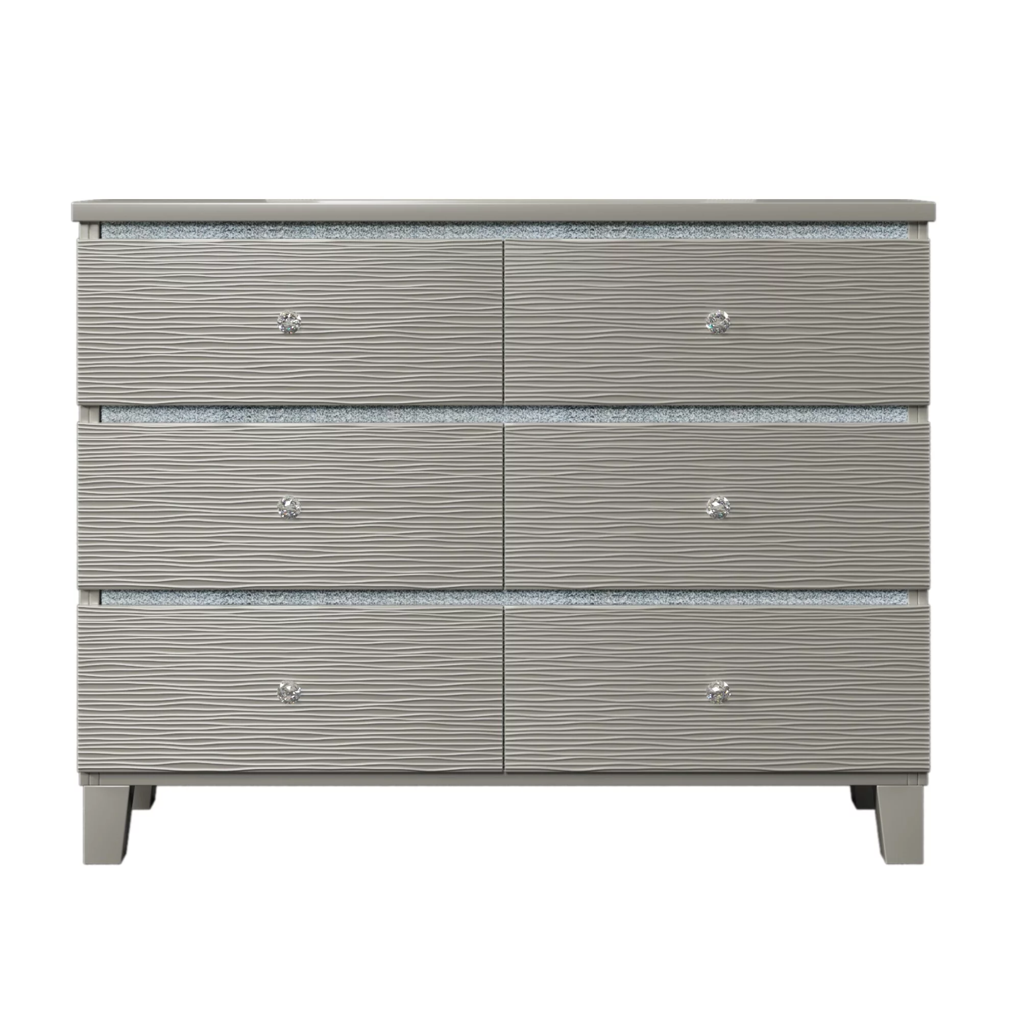 Champagne 6 Drawers Elegant Champagne Silver Dresser & Mirror Set, Solid Rubber Wood Construction, Crystal Handle, LED Lights