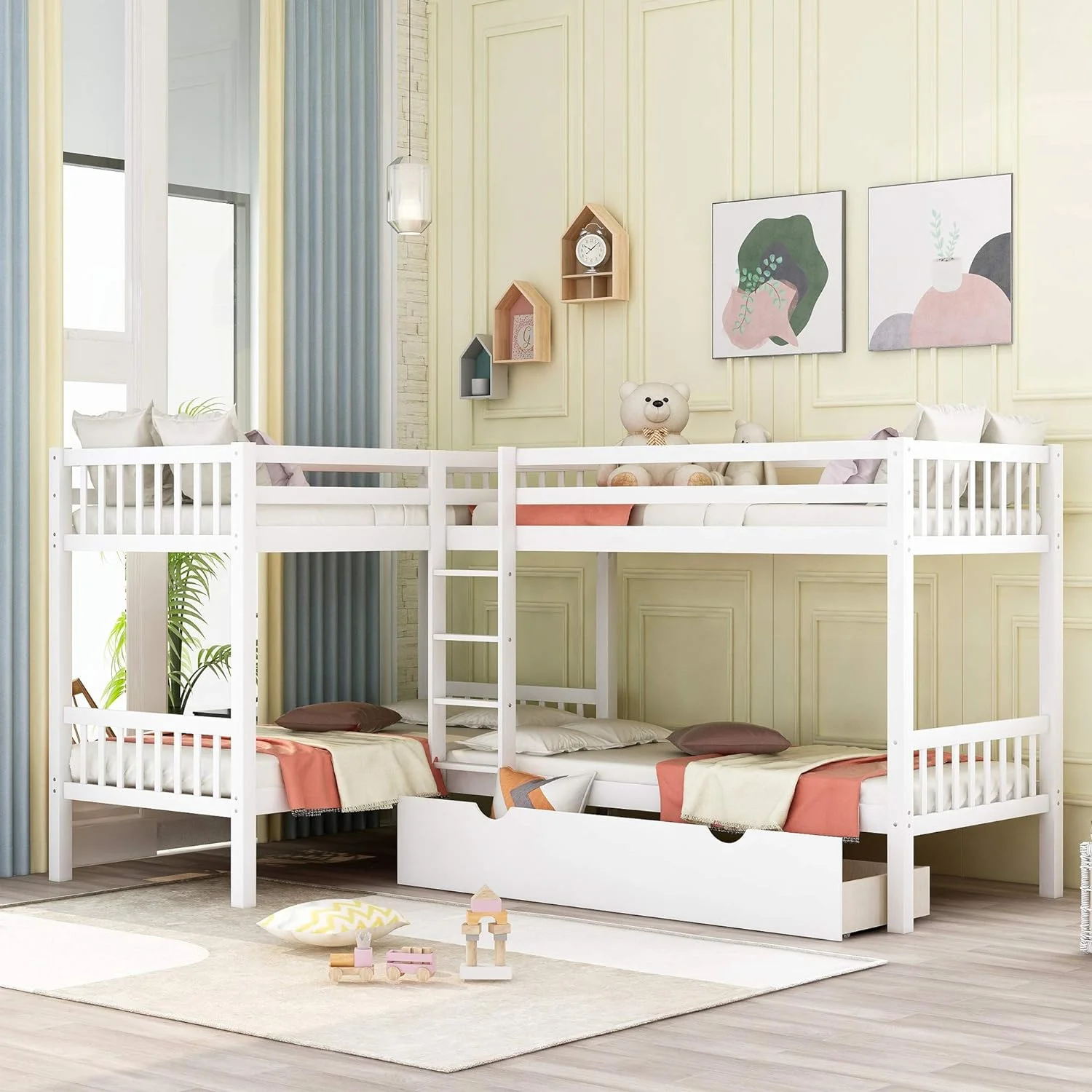 Wooden Bunk Beds For 4 Kids, Over L-Shaped Bunk Bed Frame With Storage Drawers (White)