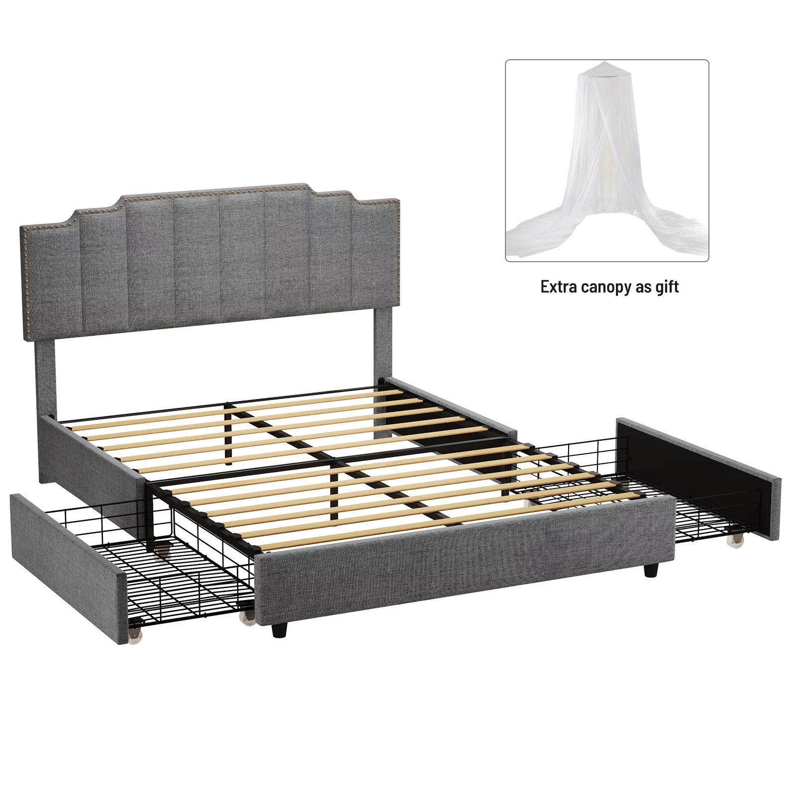 CoSoTower Queen Size Upholstered Platform Bed Linen Bed Frame with 2 Drawers Stitched Padded Headboard with Rivets Design Strong Bed Slats System No Box Spring Needed Grey