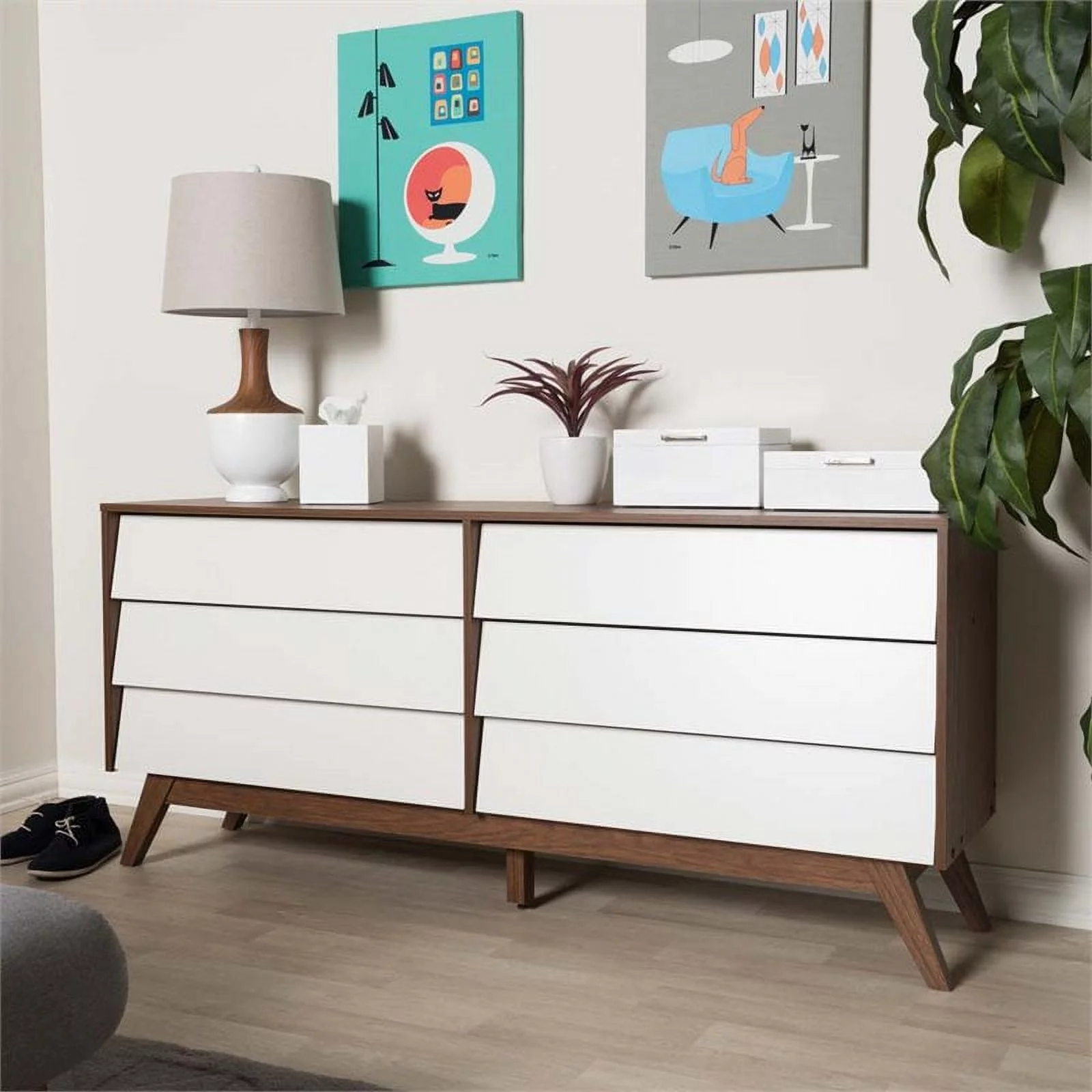 Bowery Hill 6 Drawer Double Dresser in White and Walnut Brown