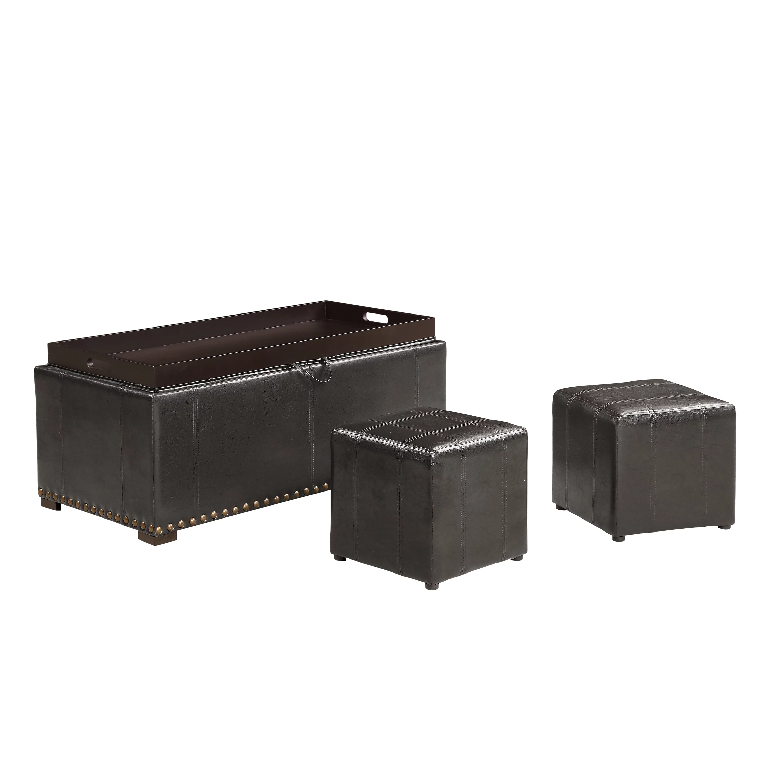 Leather Storage Bench with 2 Side Ottomans, Black