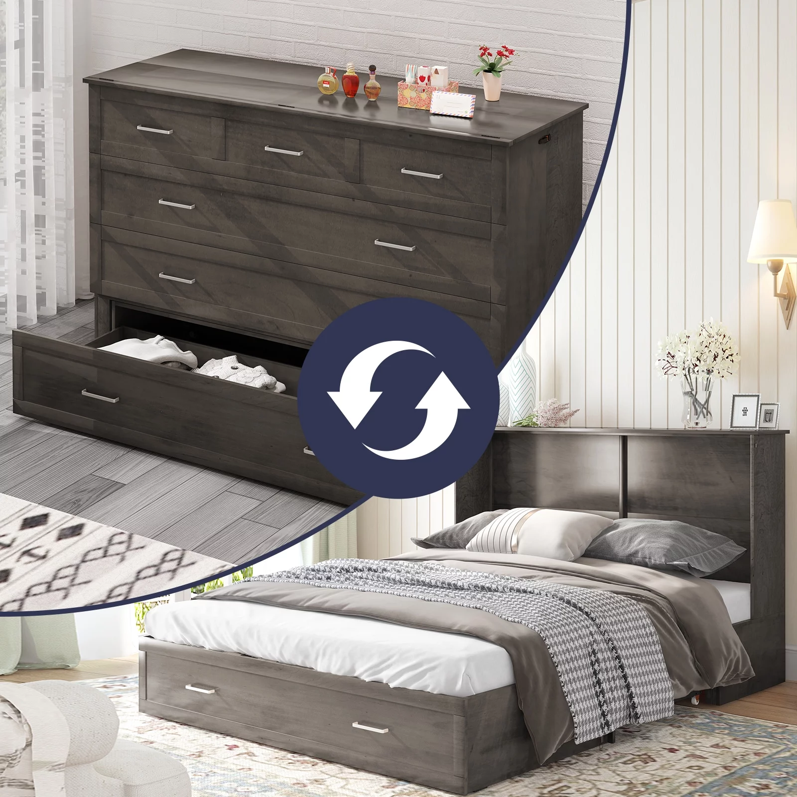 ZAFLY Murphy Cube Cabinet Bed with USB Charging Station, Murphy Bed Cabinet with Large Drawer & Folding Mattress, Queen Size Bed Frame for Guest Room/Living Room/Bedroom - Grey