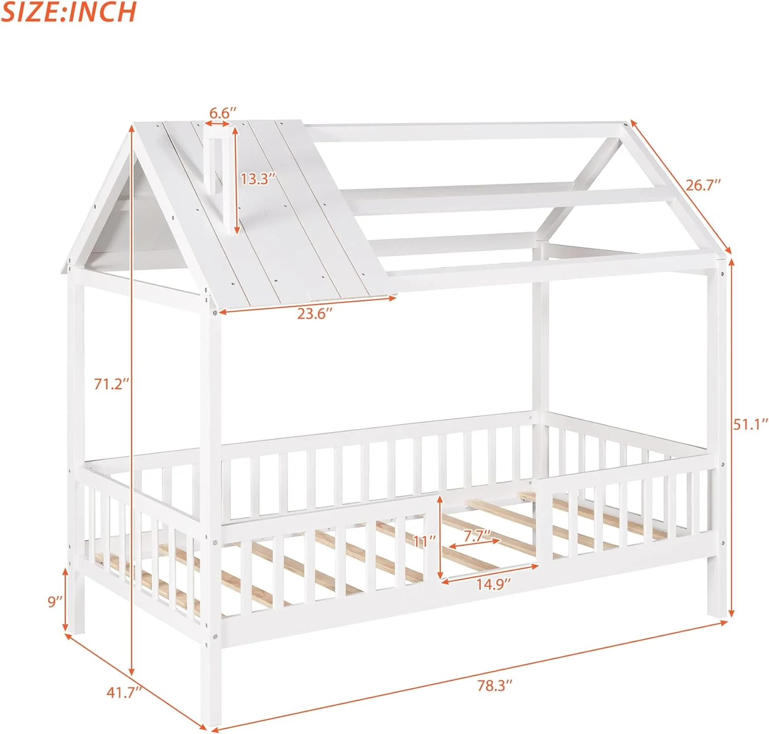 House Bed With Fence Railings And Roof Kids Montessori Beds Wood Cabin Playhouse Bed Frame For Toddlers Girls Boys Teens, Size, White